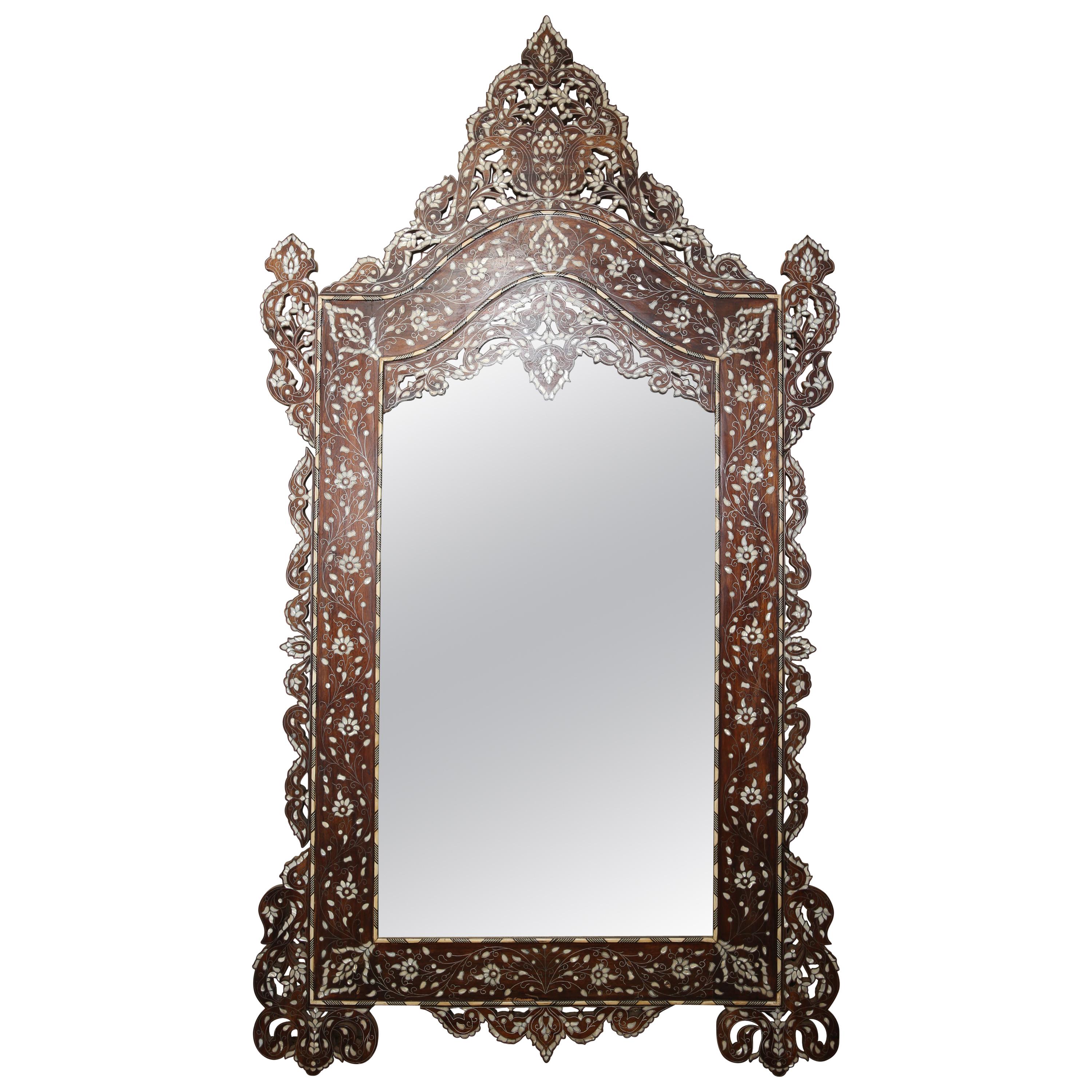 Superb 1900s Syrian Mirror Inlaid with Mother-of-Pearl and Camel Bone