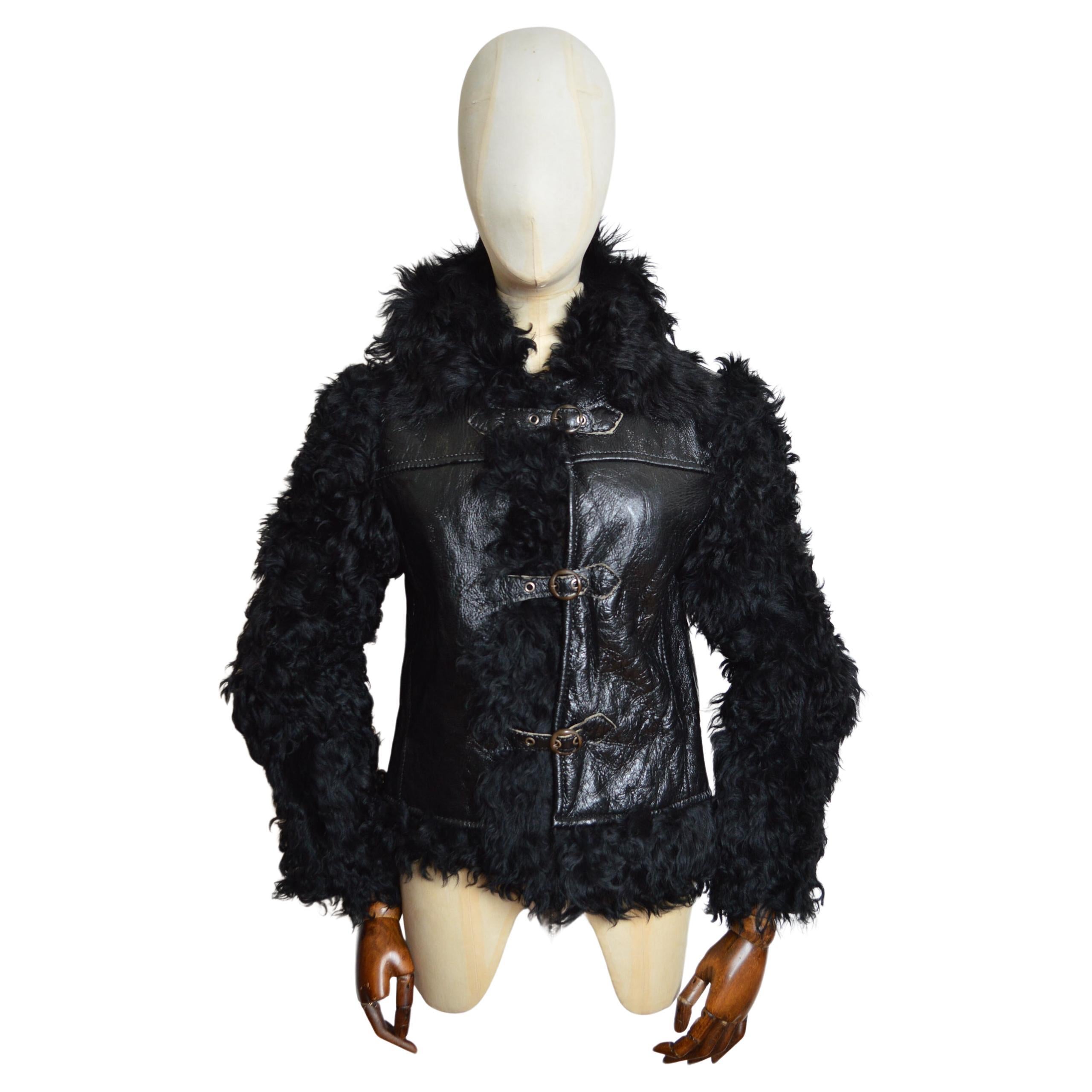 Superb 1960s Black shiny Painted Vinyl & Curly Shearling - sheepskin Coat For Sale