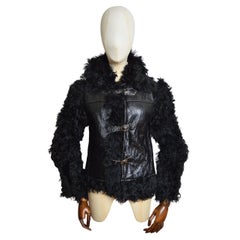 Superb 1960s Black shiny Painted Vinyl & Curly Shearling - sheepskin Coat