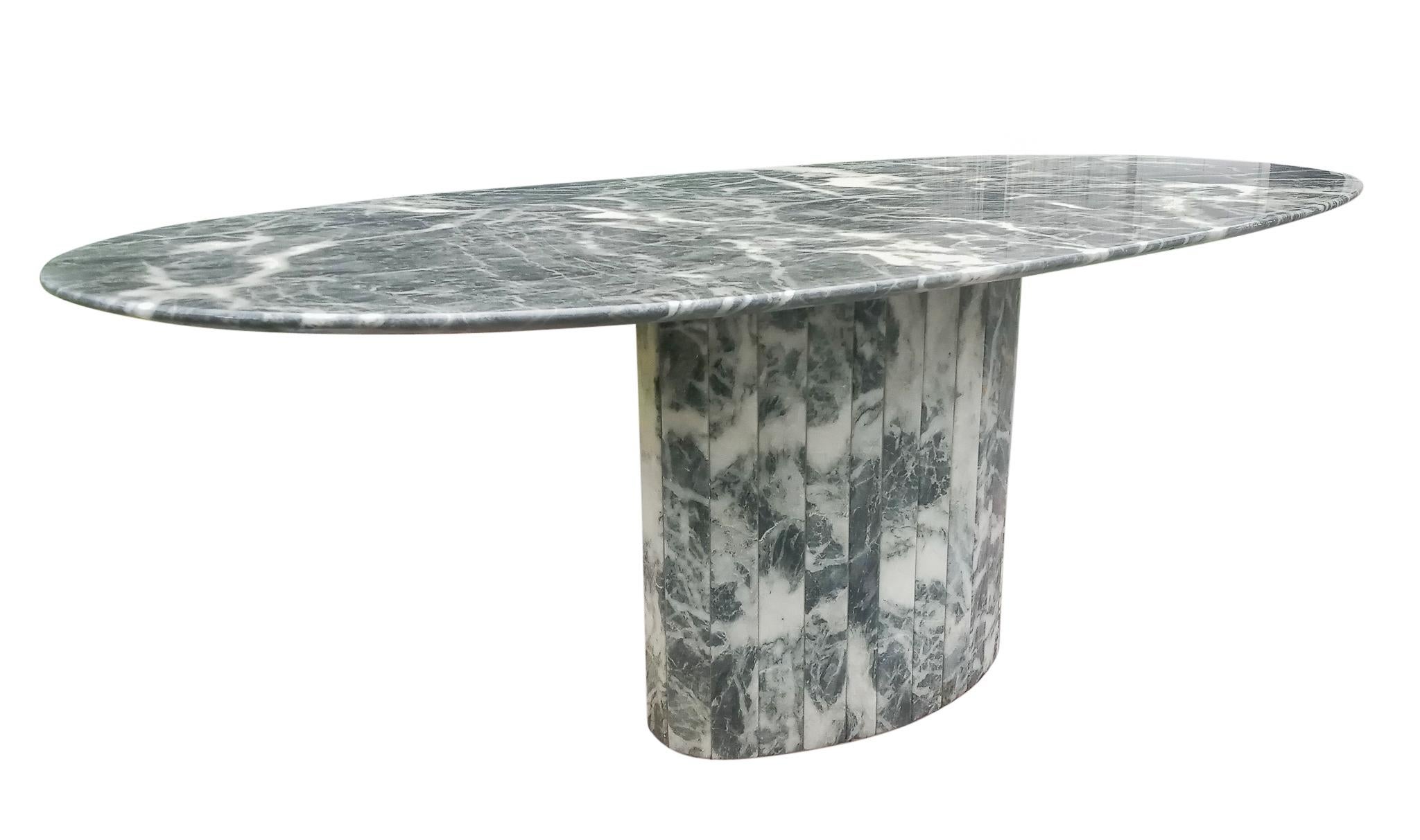 Superb 1980s Italian Gray & White Exotic Marble Table Oval Top Segment Base In Good Condition In Philadelphia, PA