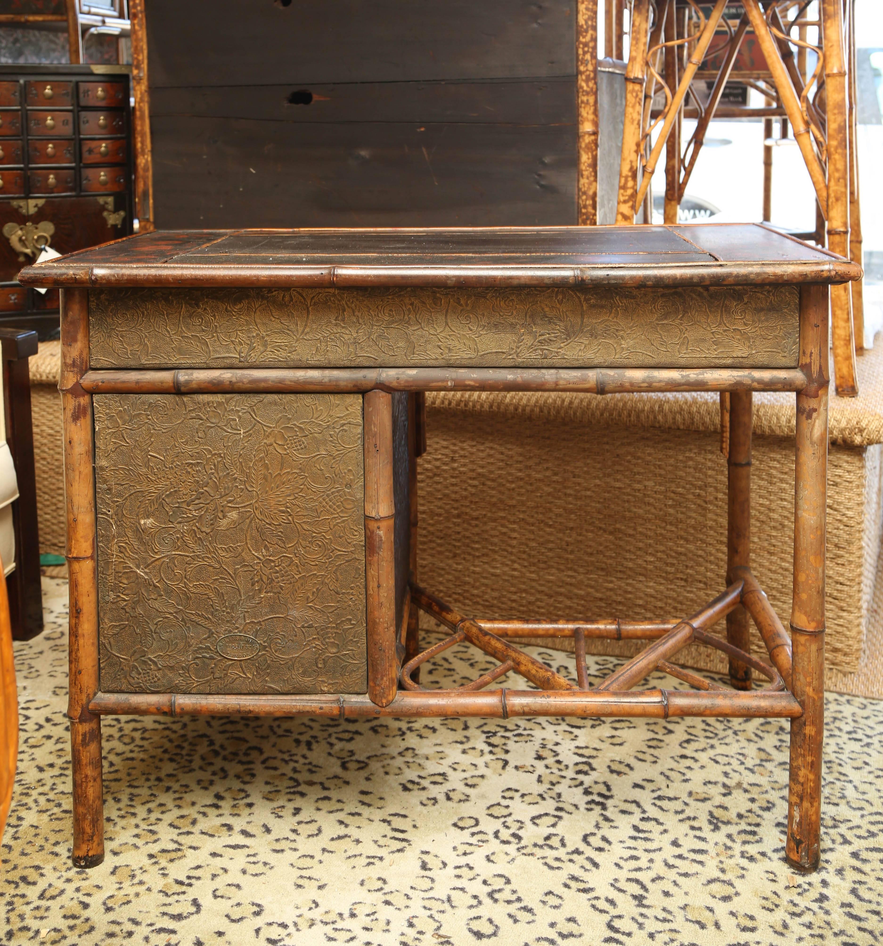 19th century English Bamboo desk with five drawers, leather top and japanning.