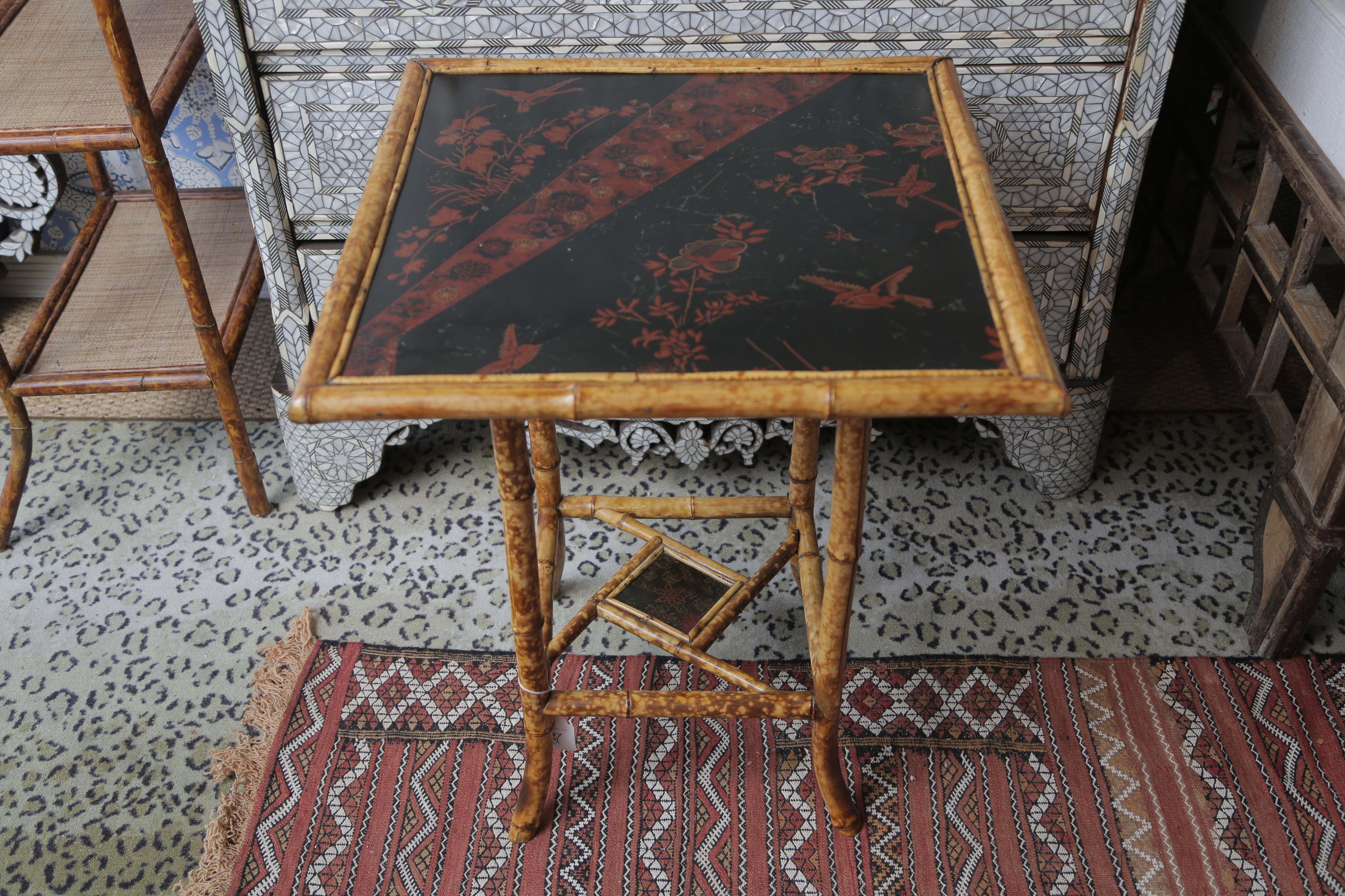 Superb 19th century English bamboo side table with floral and birds and japanning.