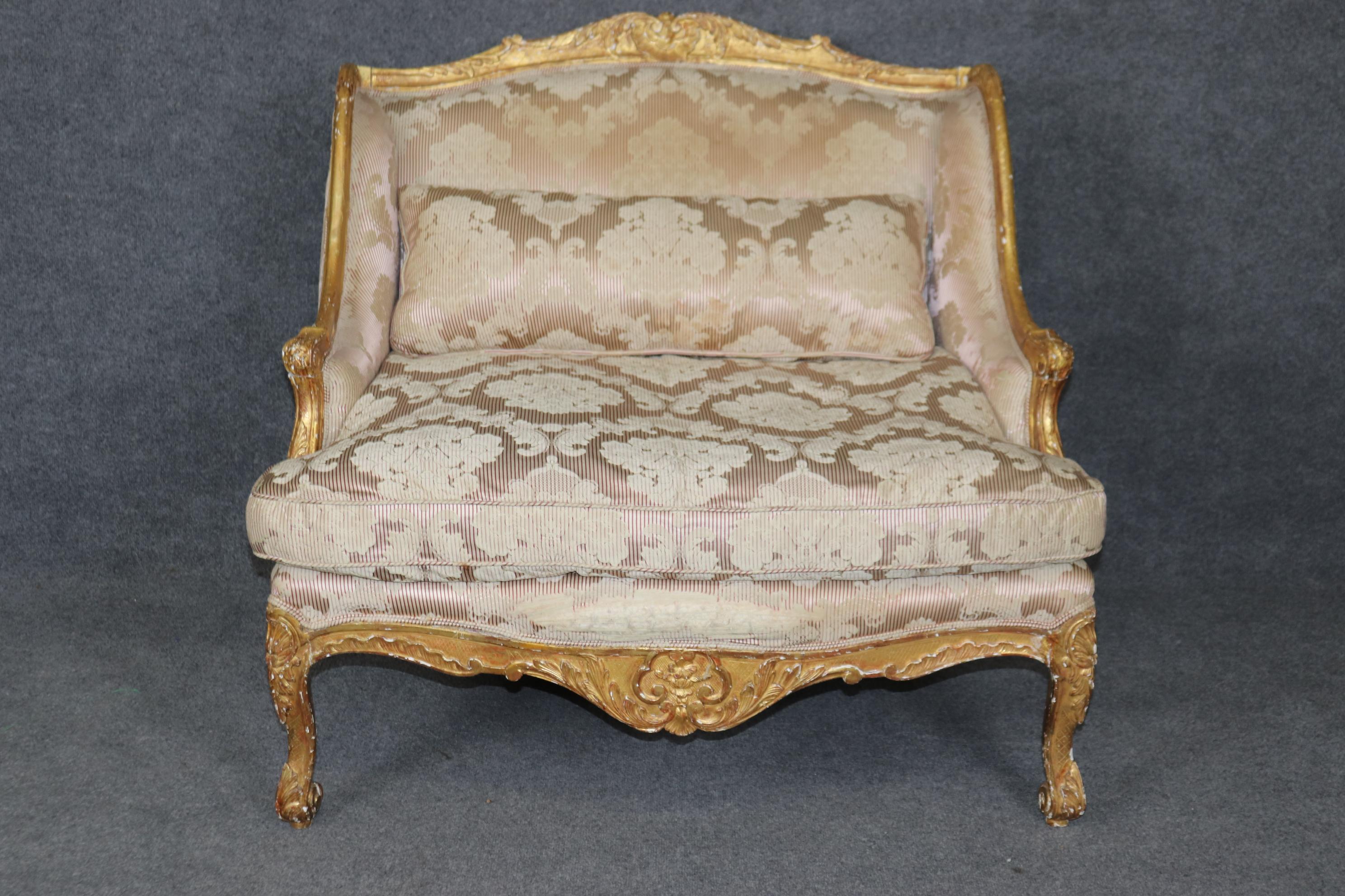 Superb 19th century French Gilded Louis XV Style Marquis Bergere Chair  In Good Condition For Sale In Swedesboro, NJ