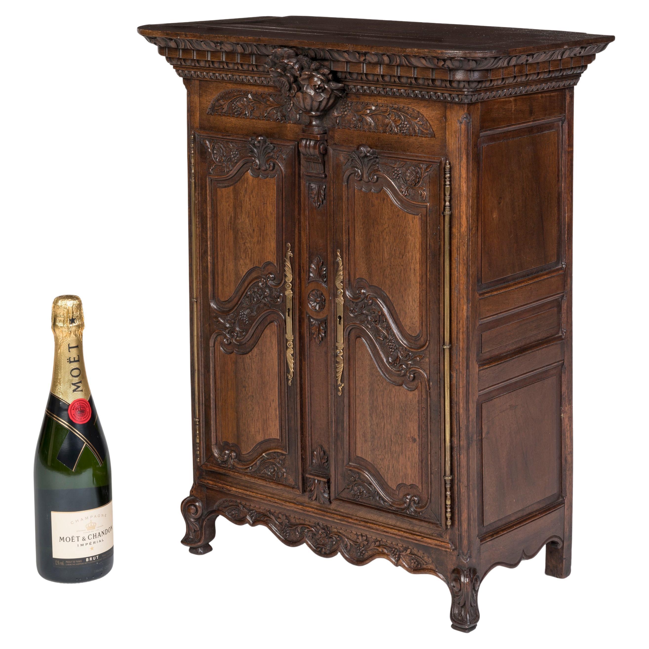 Superb 19th Century French Walnut Miniature Armoire with Brass Hardware