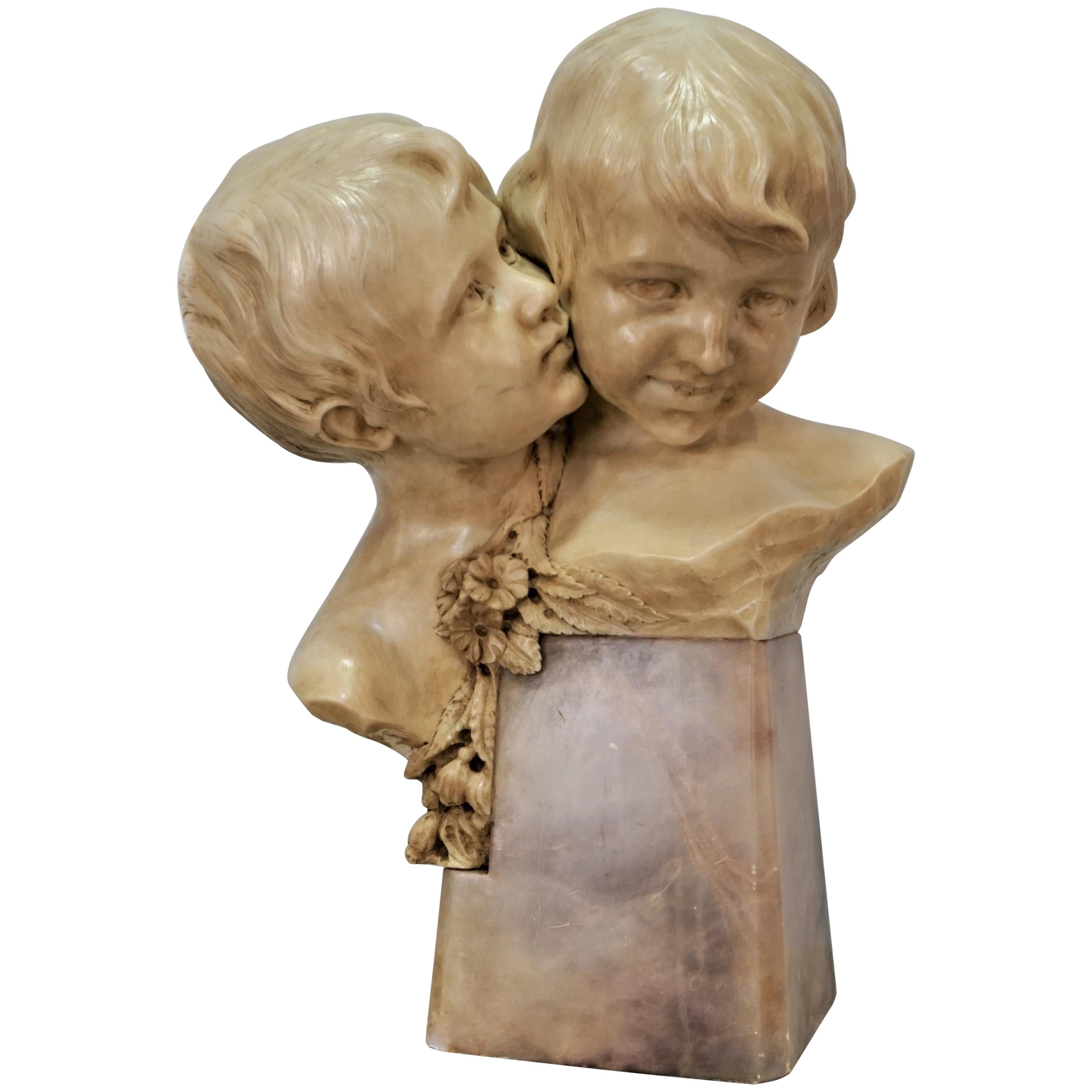 Superb 19th Century Italian Hand Carved Marble Boy and Girl