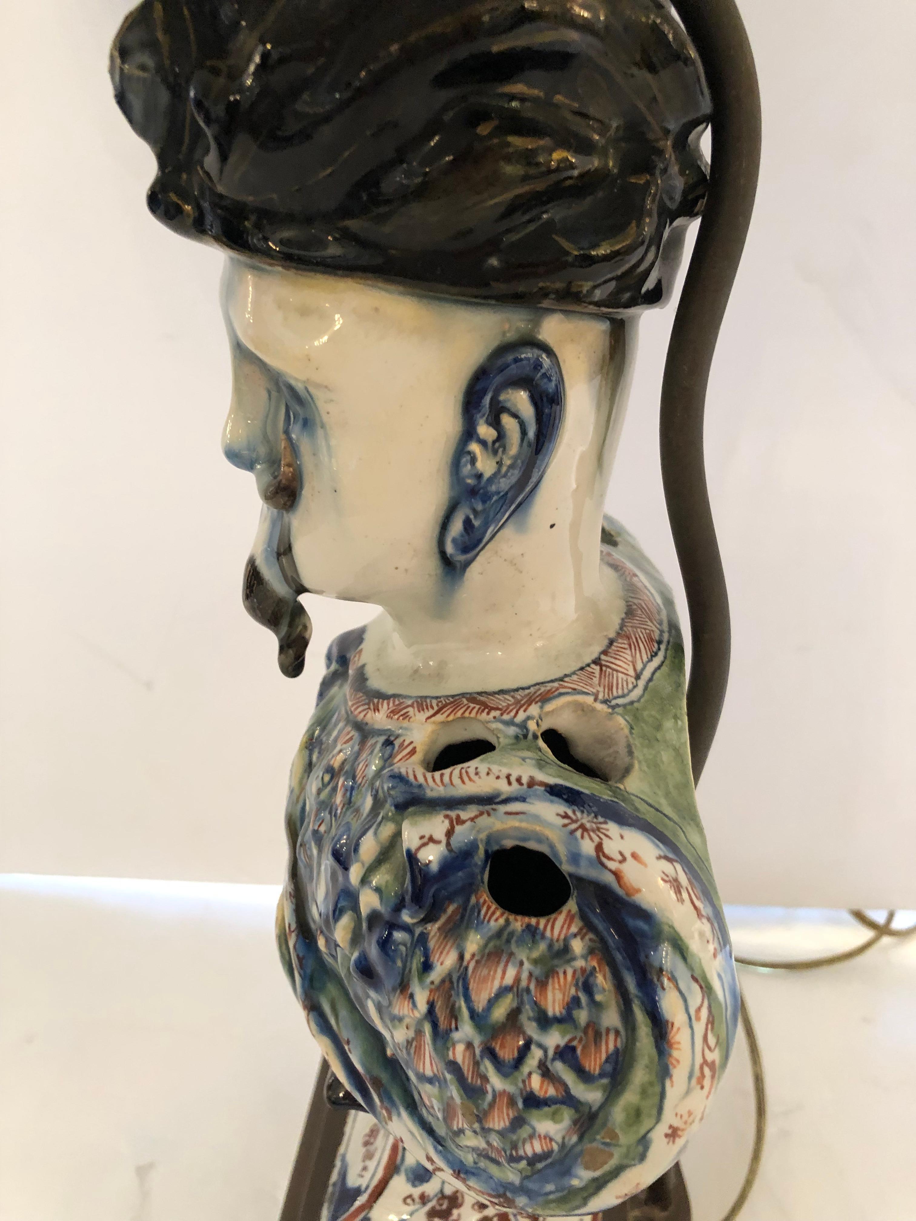 Superb 19th Century Sculptural Faience Lamp of French Soldier In Good Condition For Sale In Hopewell, NJ