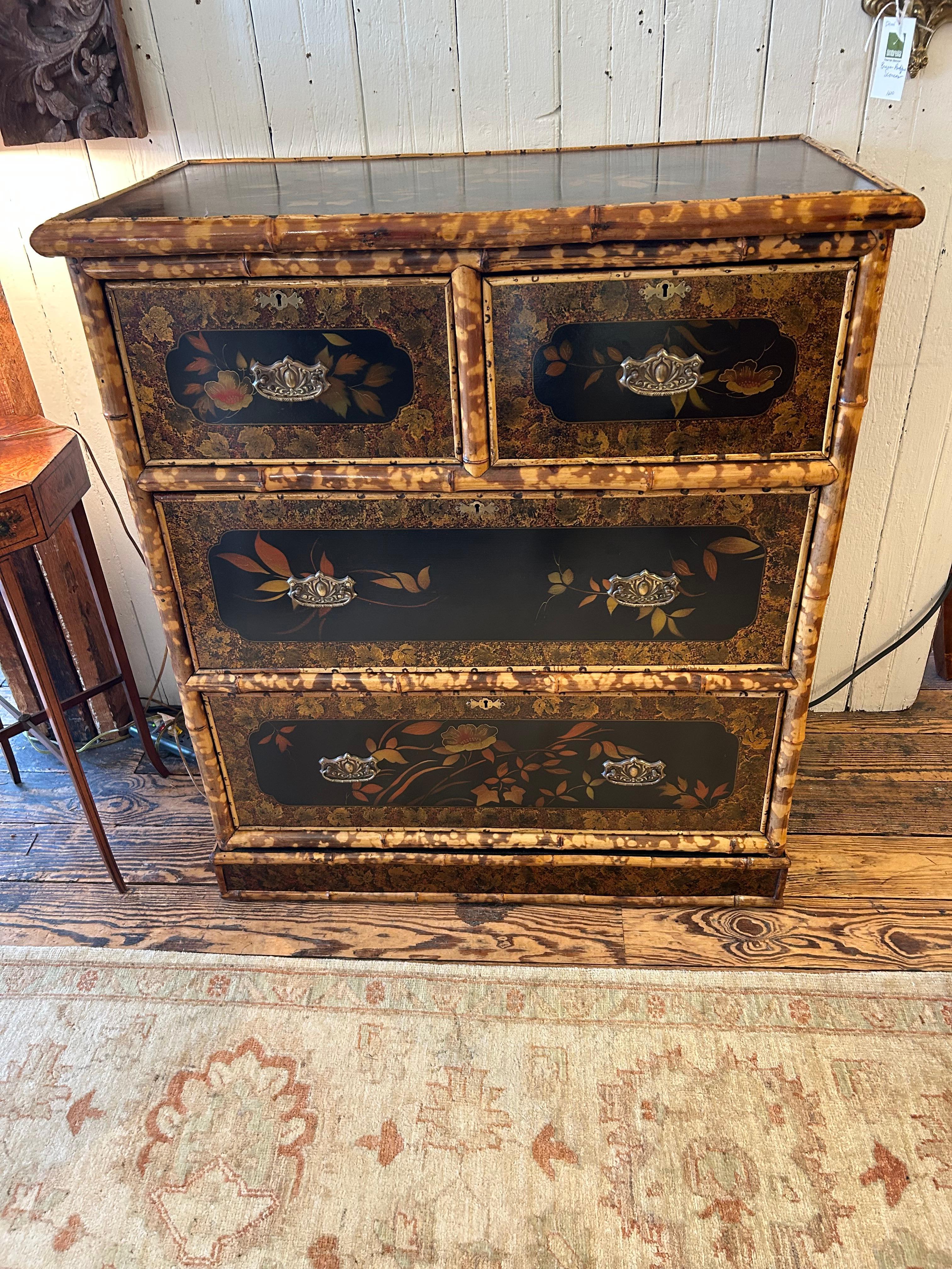 Superb 19th Century Split Bamboo & Chinoiserie Decorated Chest of Drawers For Sale 2