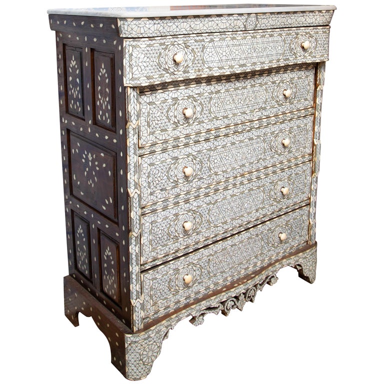 Superb 19th Century Syrian Five Drawer Mother Of Pearl Inlay