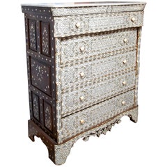 Superb 19th Century Syrian Five-Drawer Mother of Pearl Inlay Dresser