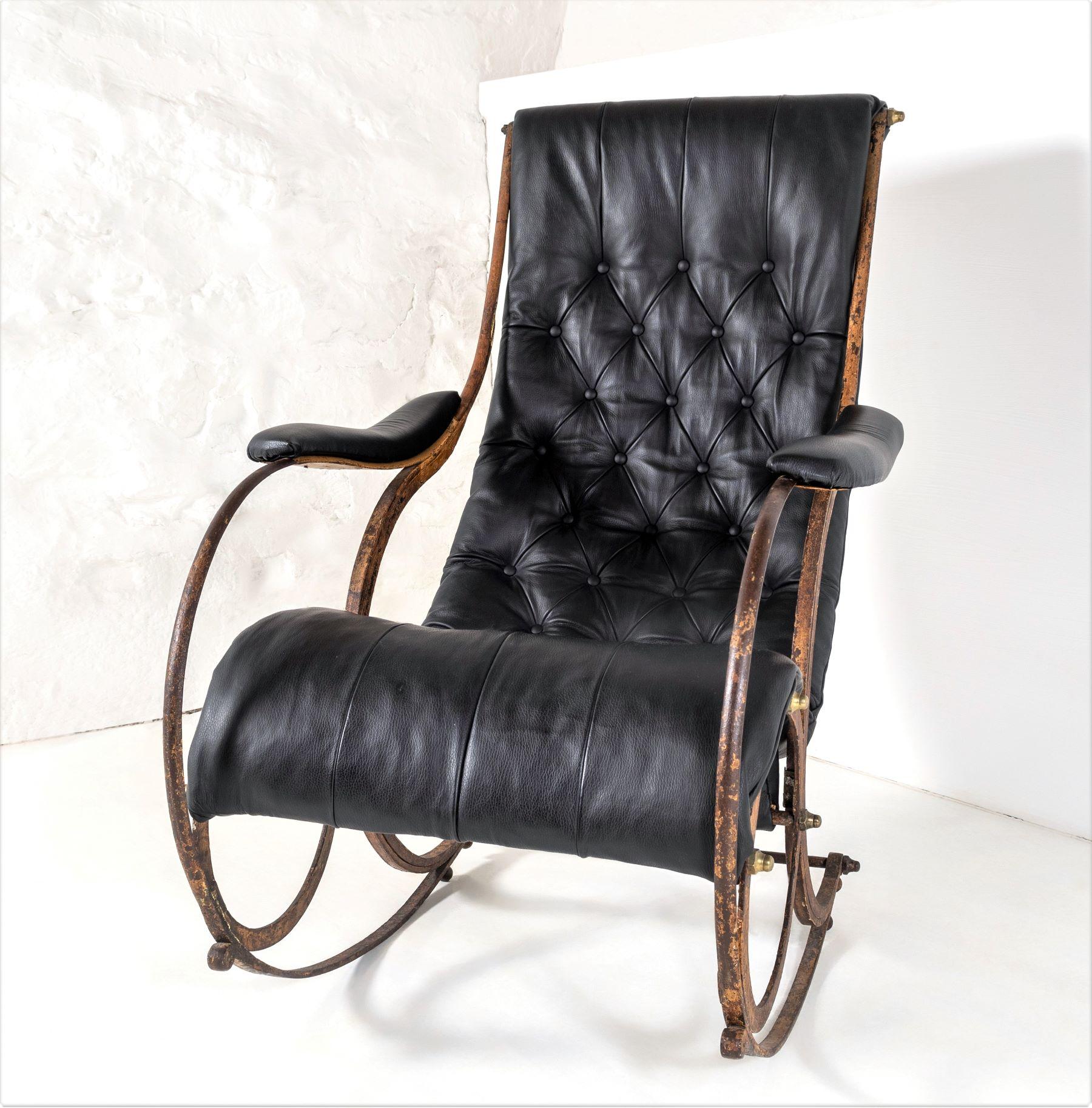 Superb 19thC. Iron Frame Leather Sling Rocking Chair by R W Winfield England For Sale 1