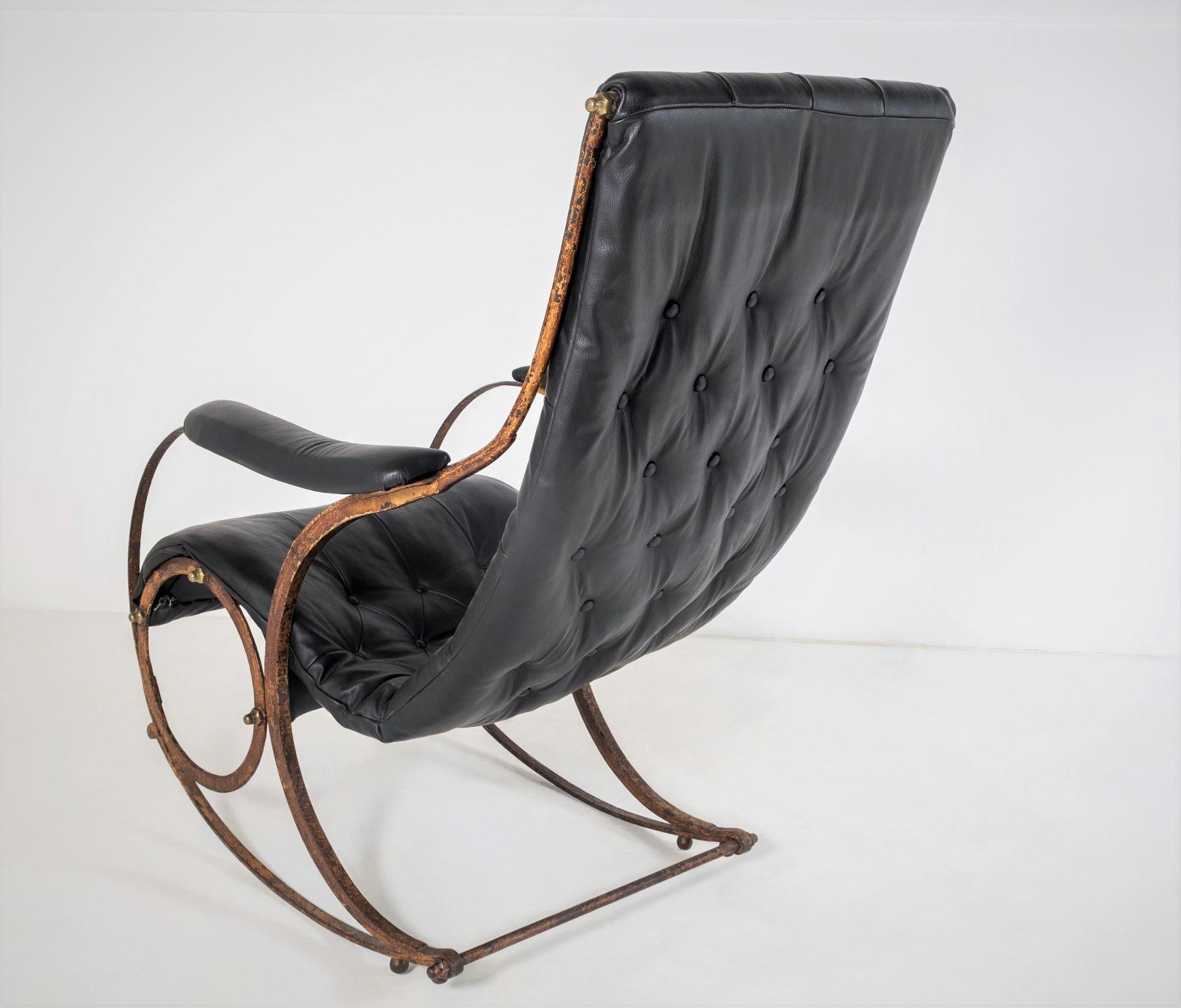 Superb 19thC. Iron Frame Leather Sling Rocking Chair by R W Winfield England For Sale 6