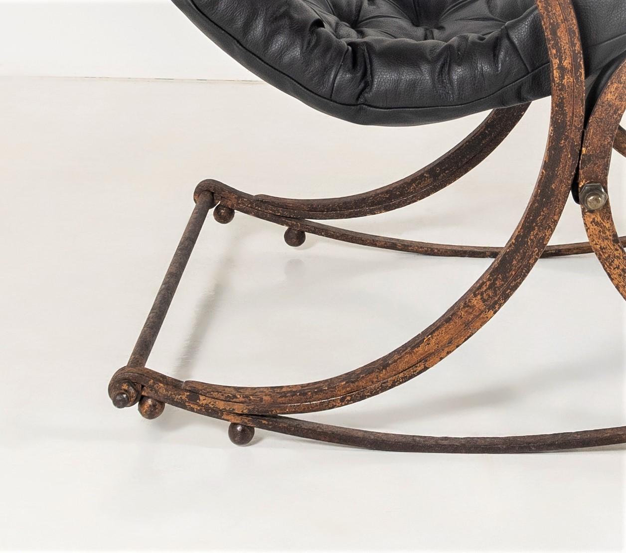 Forged Superb 19thC. Iron Frame Leather Sling Rocking Chair by R W Winfield England For Sale