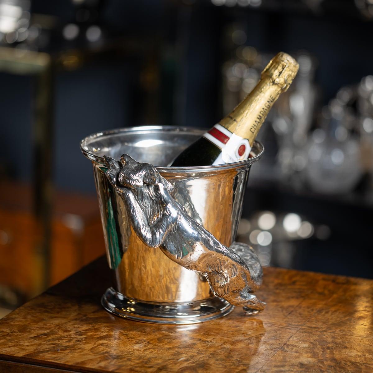 Superb 20th Century Italian silver plated wine cooler. Made by Franco Lapini in the 1960's, featuring a cast figure of a fox mounted to the cooler. It makes a fantastic conversation piece and wonderful as part of a collection of barware in the