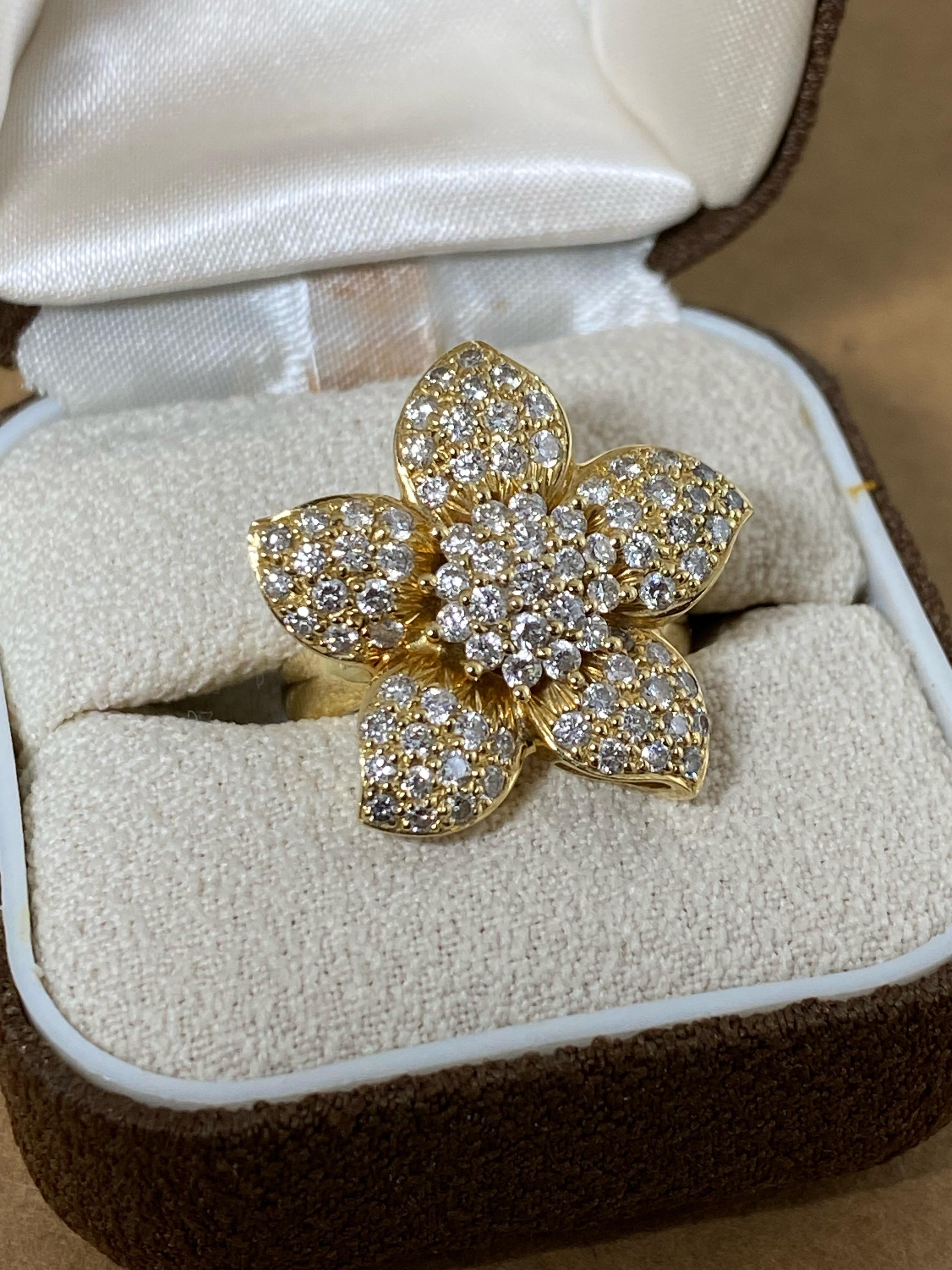 Modern Superb 2.20ct Pave Set Diamond Cluster Flower Shaped Ring in 18K Yellow Gold For Sale