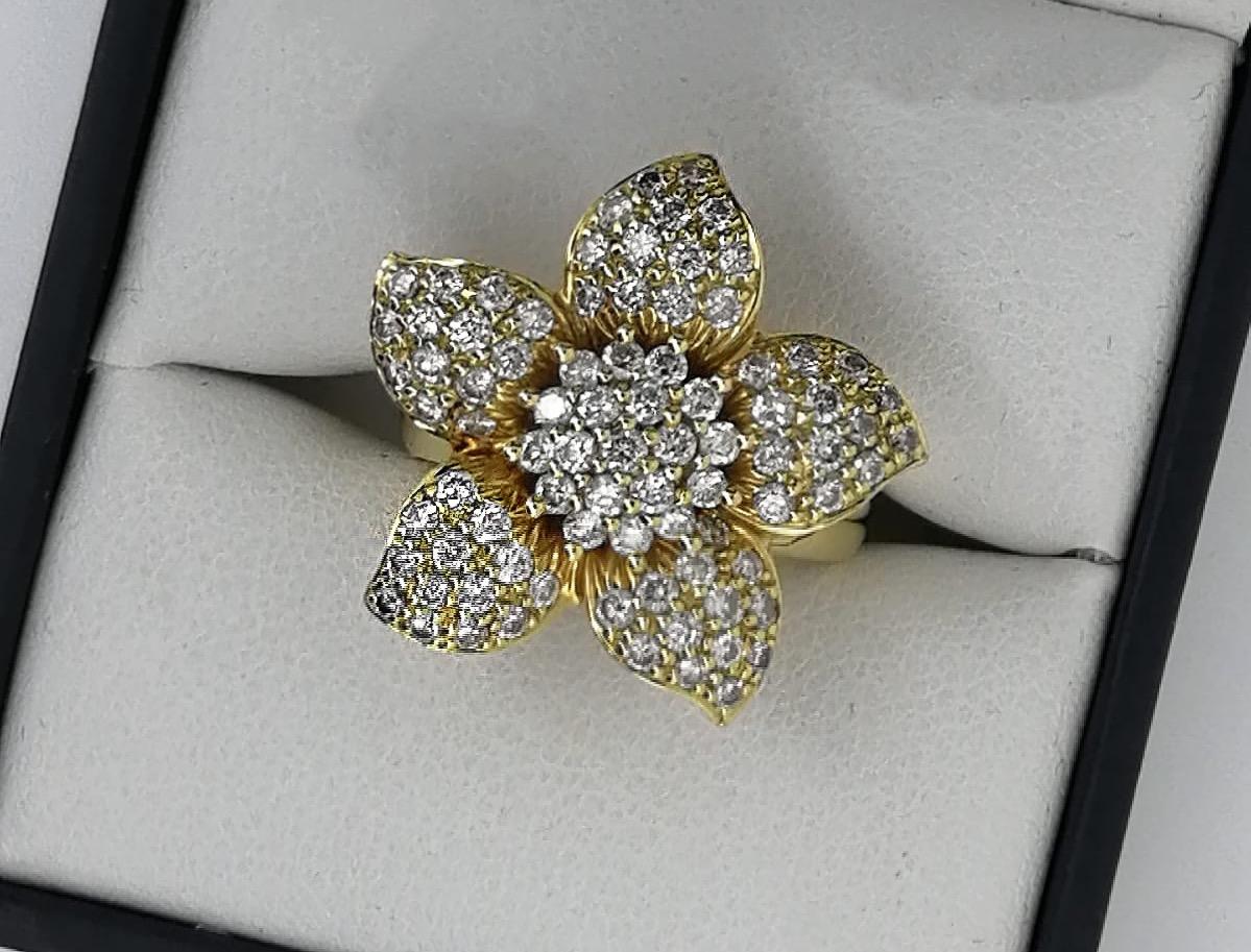 Visually striking & reminiscent of a famous designer, 
this superb ring is crafted in 18K Yellow Gold
with remarkable attention to details:

Designed as a flowerhead, 
centering a cluster of round brilliant cut diamonds of 
sunlike brilliance to