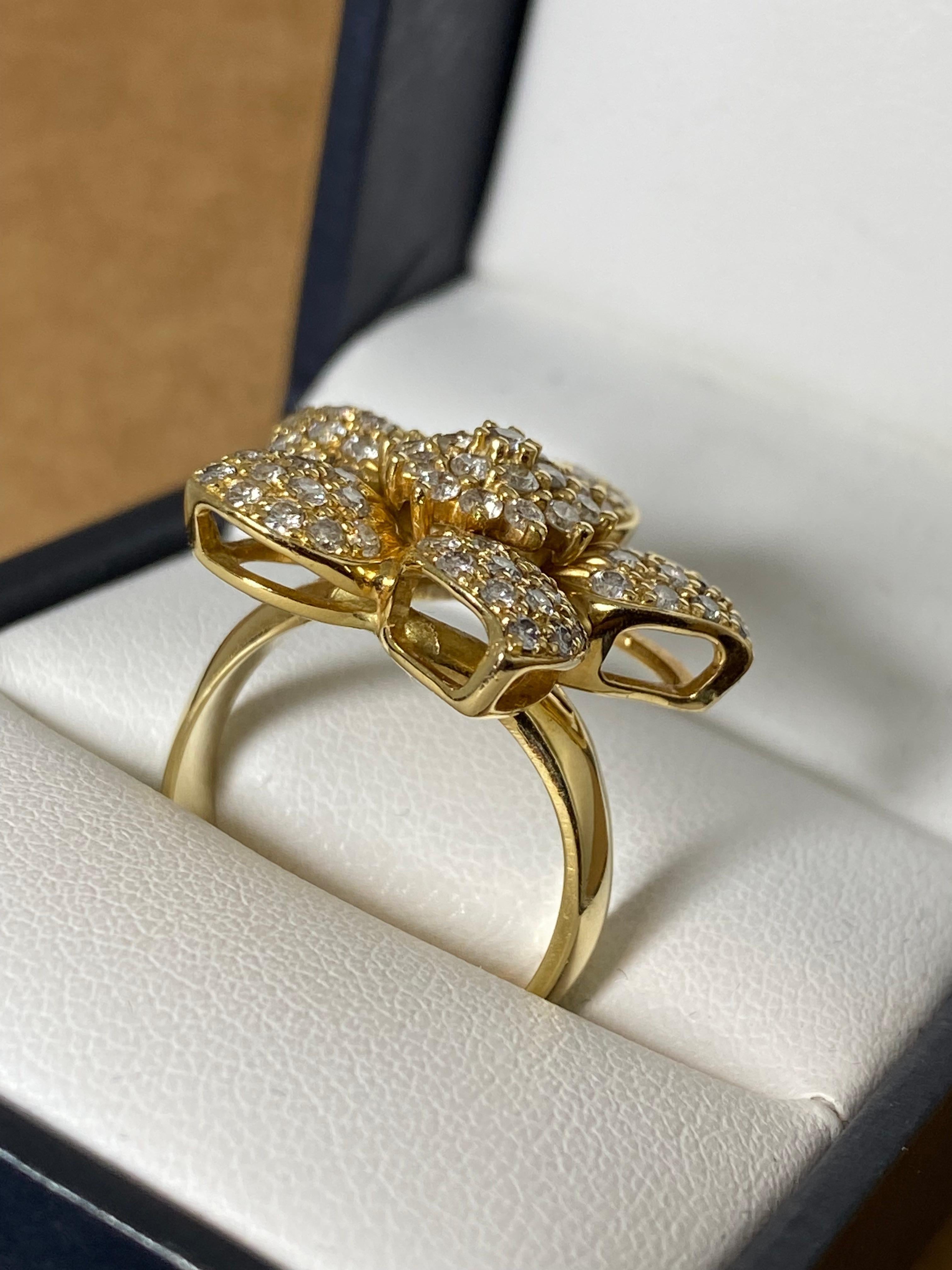 Superb 2.20ct Pave Set Diamond Cluster Flower Shaped Ring in 18K Yellow Gold For Sale 3