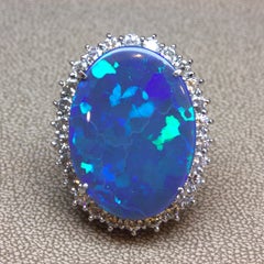 Superb 24.95 Carat Australian Black Opal Diamond Halo Platinum Cocktail Ring