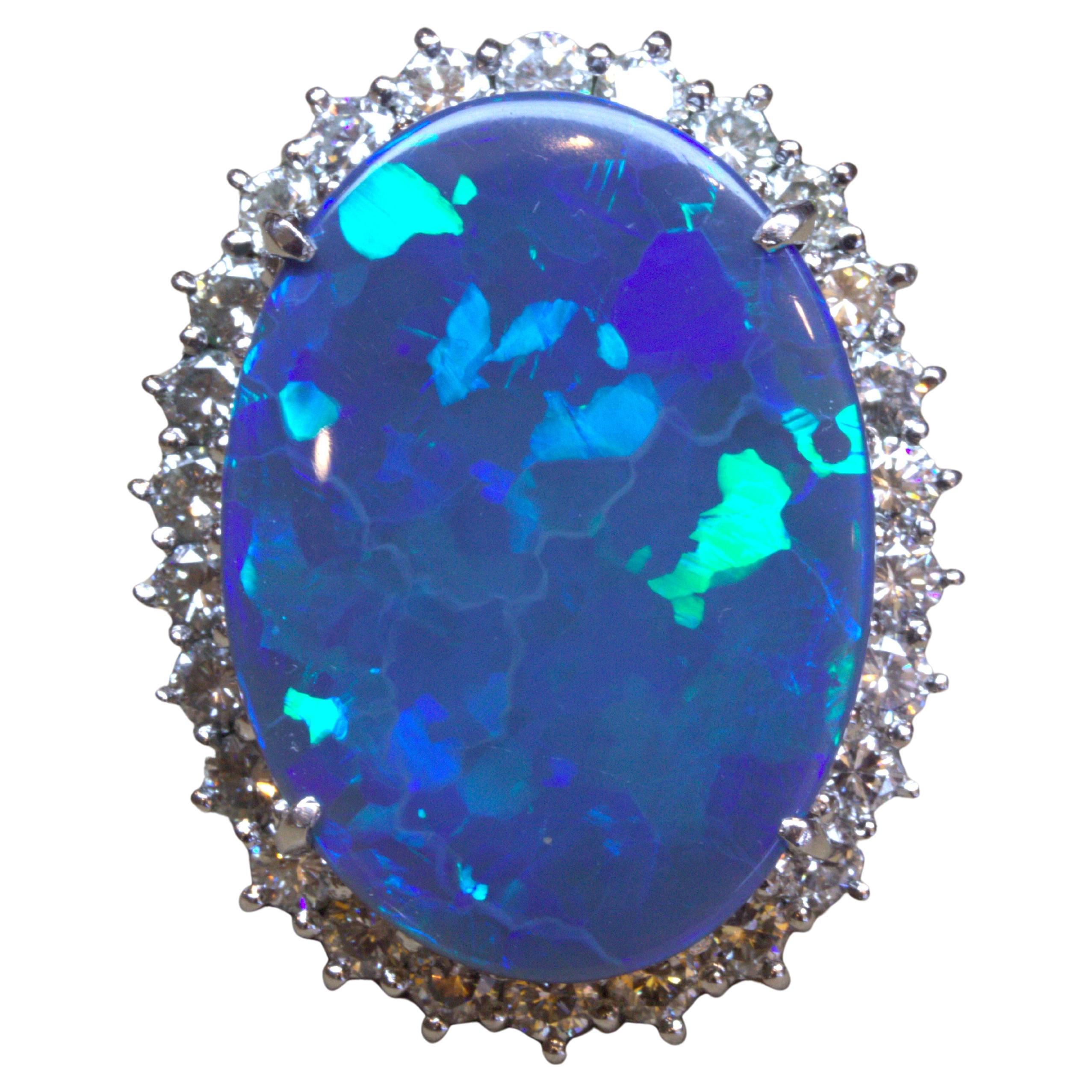 Superb 24.95 Carat Australian Black Opal Diamond Halo Platinum Cocktail Ring For Sale