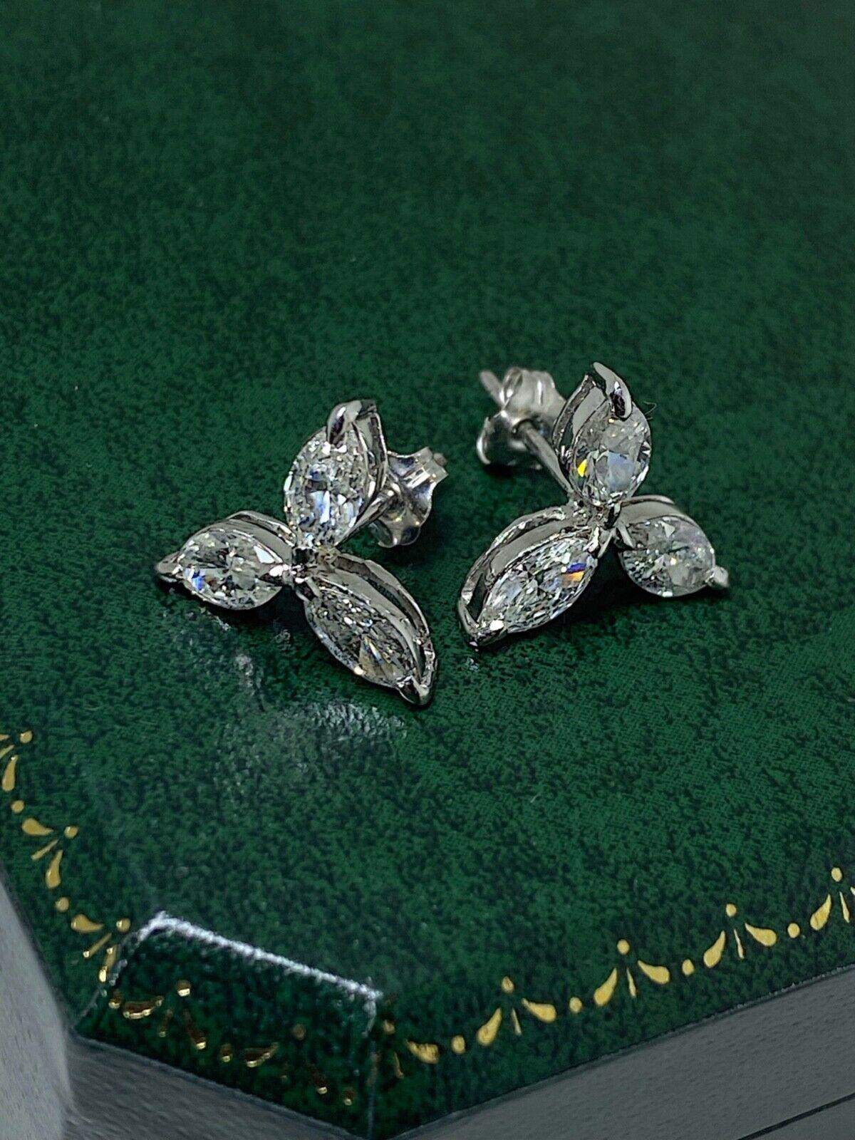 Modern Superb 3-Petal Flower Marquise Cut Diamond (1.40ct) Stud Earrings in Platinum  For Sale