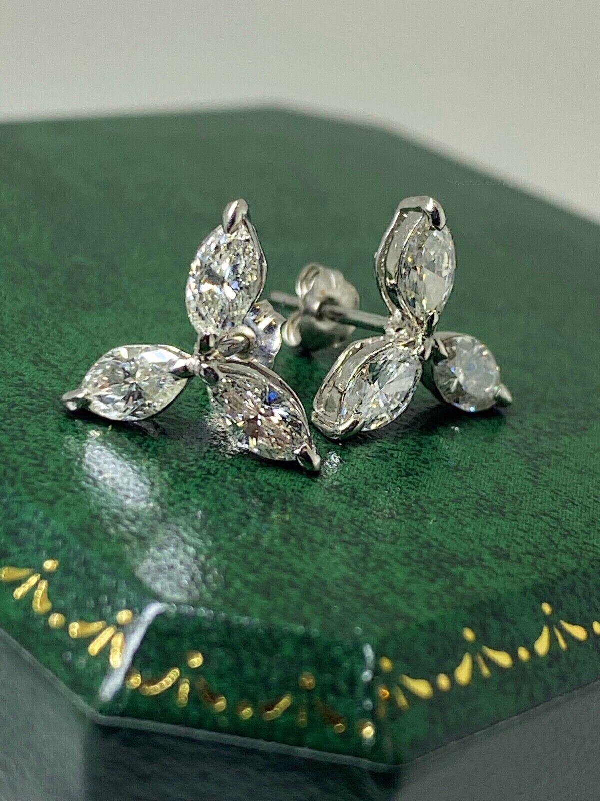 Women's Superb 3-Petal Flower Marquise Cut Diamond (1.40ct) Stud Earrings in Platinum  For Sale