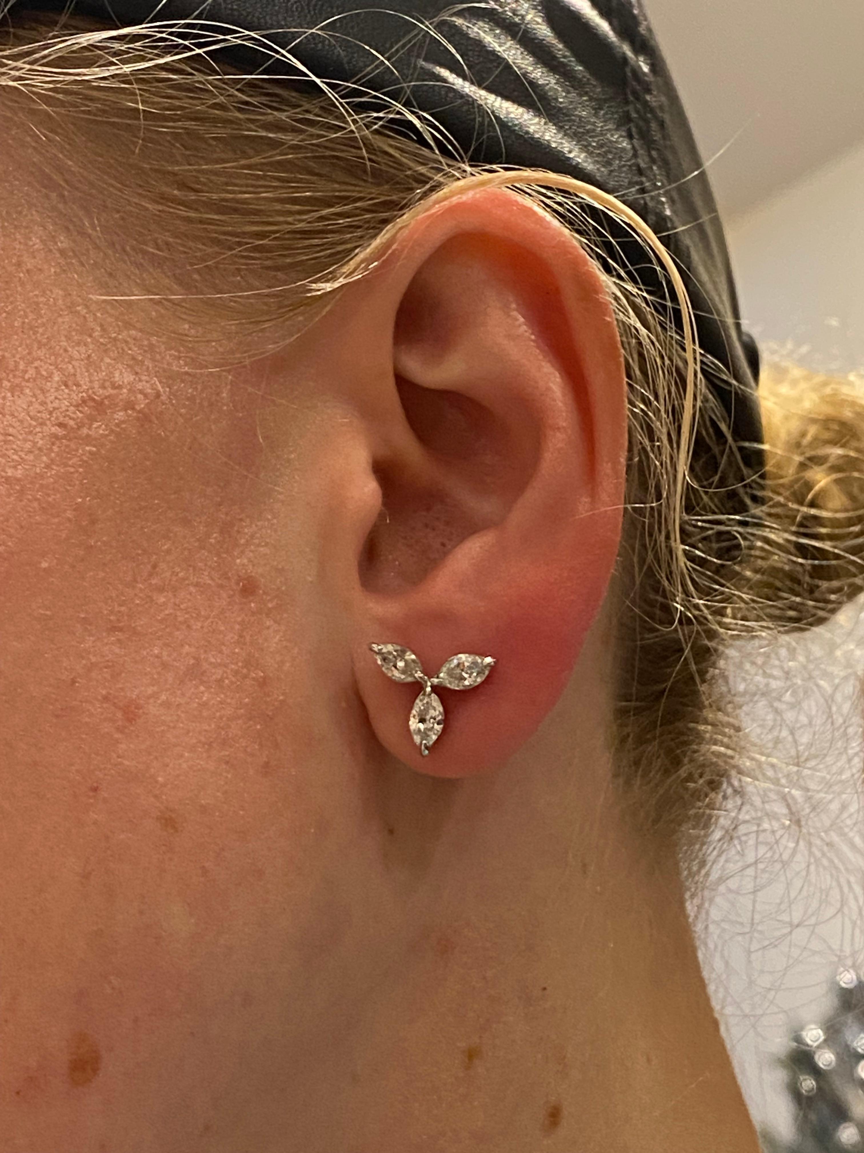 Superb 3-Petal Flower Marquise Cut Diamond (1.40ct) Stud Earrings in Platinum  For Sale 2