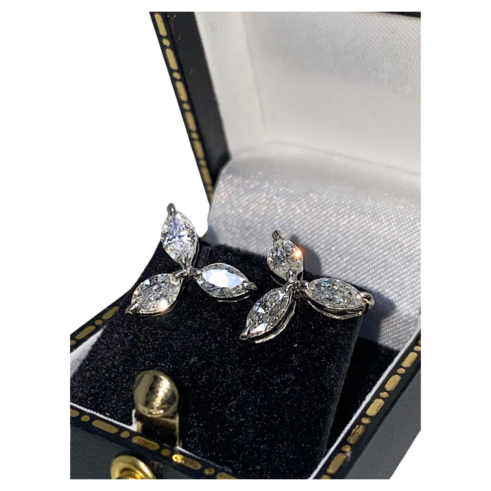 Superb 3-Petal Flower Marquise Cut Diamond (1.40ct) Stud Earrings in Platinum  For Sale
