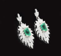 Superb 5.00 Carats Natural Emerald and Diamond 14K Solid White Gold Earrings