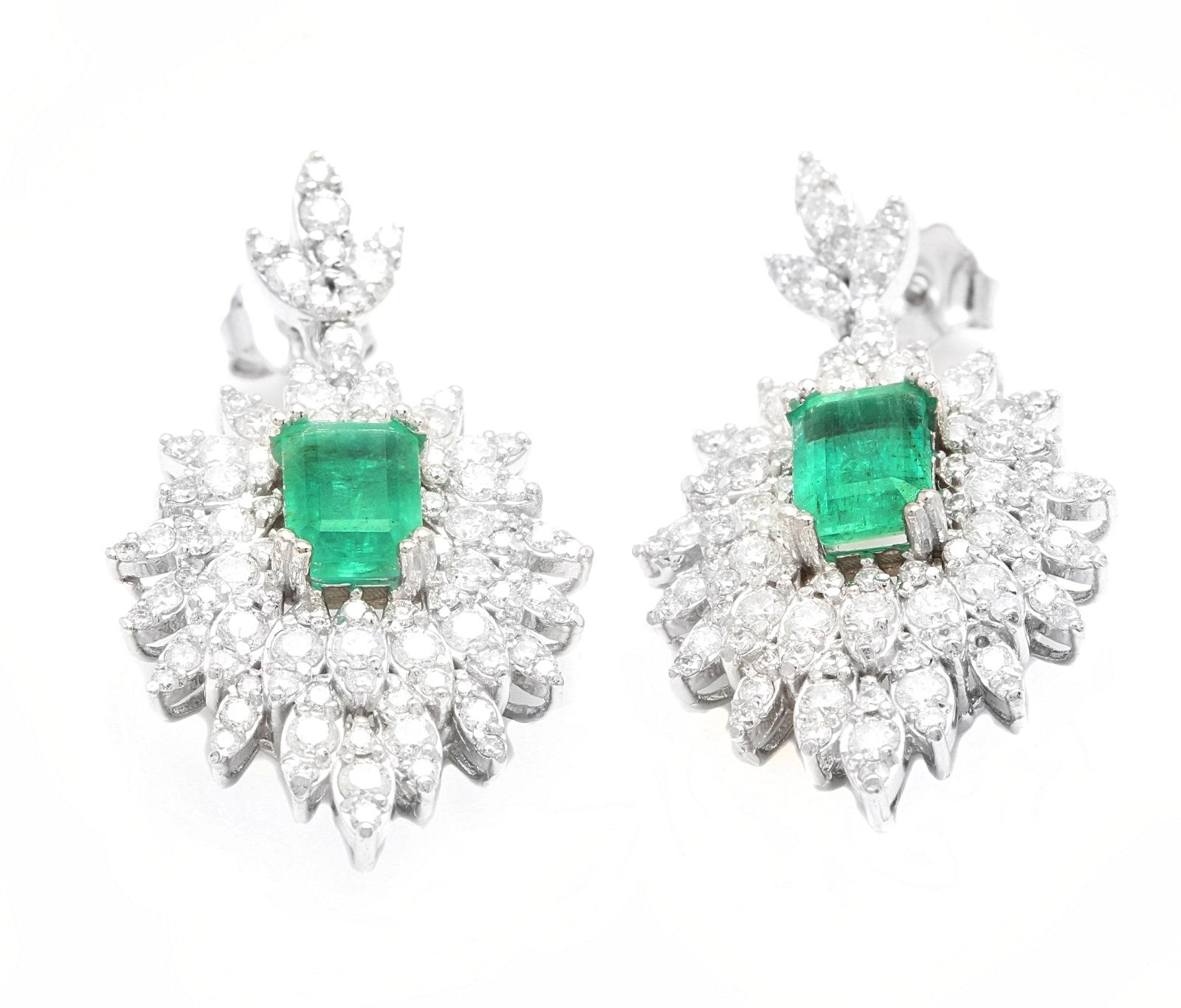 Superb 5.00 Carats Natural Emerald and Diamond 14K Solid White Gold Earrings In New Condition For Sale In Los Angeles, CA
