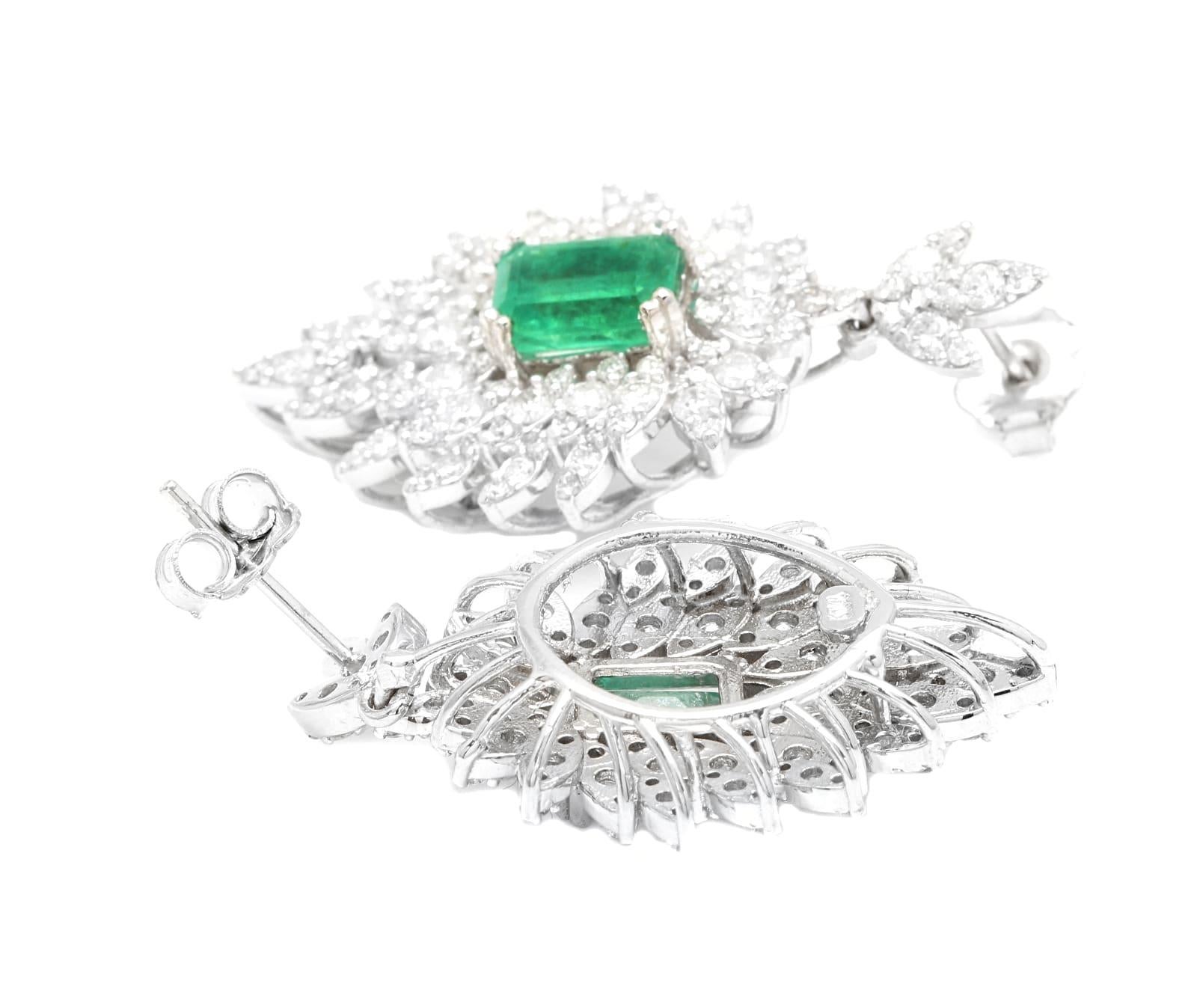 Women's Superb 5.00 Carats Natural Emerald and Diamond 14K Solid White Gold Earrings For Sale