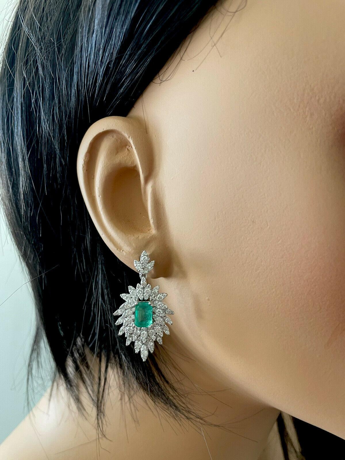 Superb 5.00 Carats Natural Emerald and Diamond 14K Solid White Gold Earrings For Sale 2