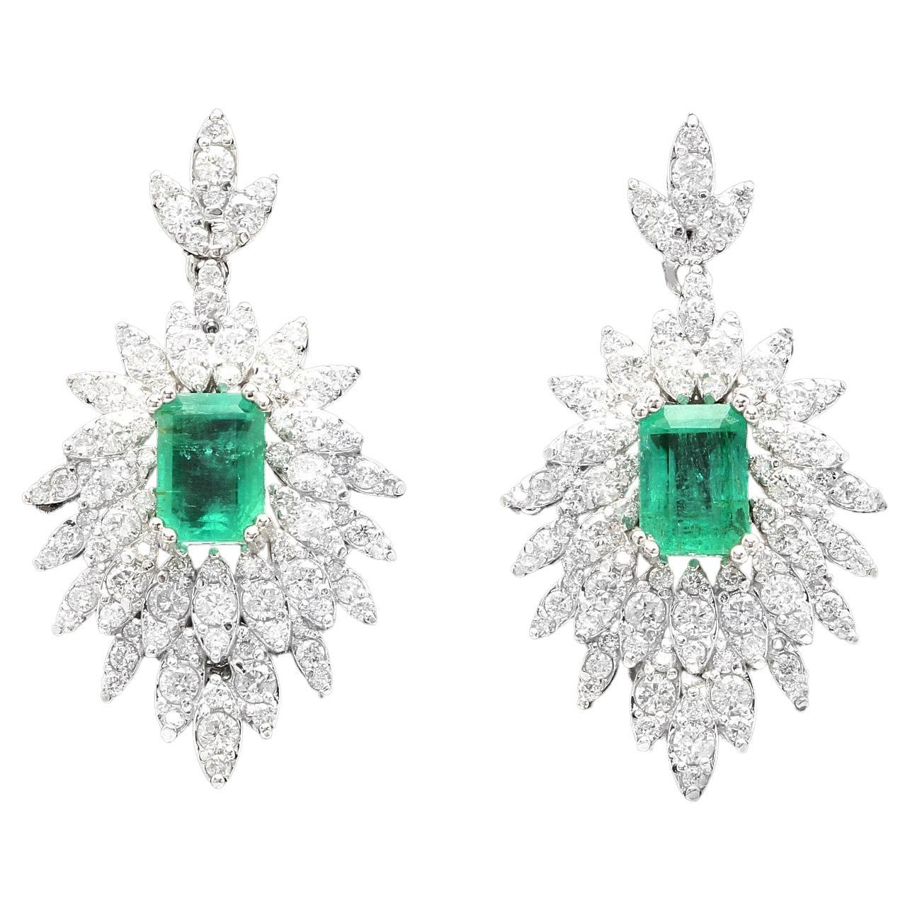 Superb 5.00 Carats Natural Emerald and Diamond 14K Solid White Gold Earrings For Sale