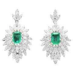 Vintage Superb 5.00 Carats Natural Emerald and Diamond 14K Solid White Gold Earrings