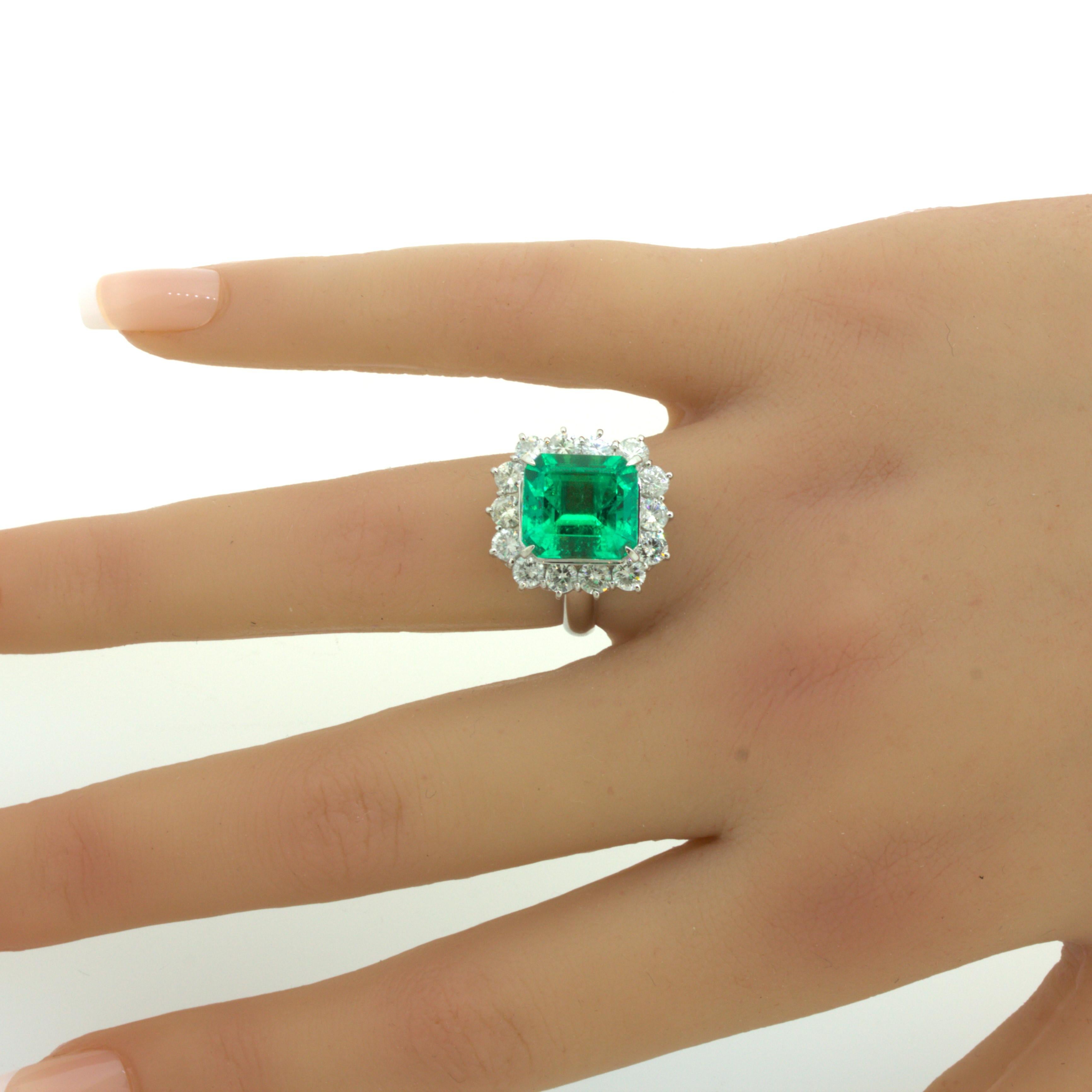 Superb 6.12 Carat Colombian Emerald Diamond Platinum Ring, GIA Certified 7