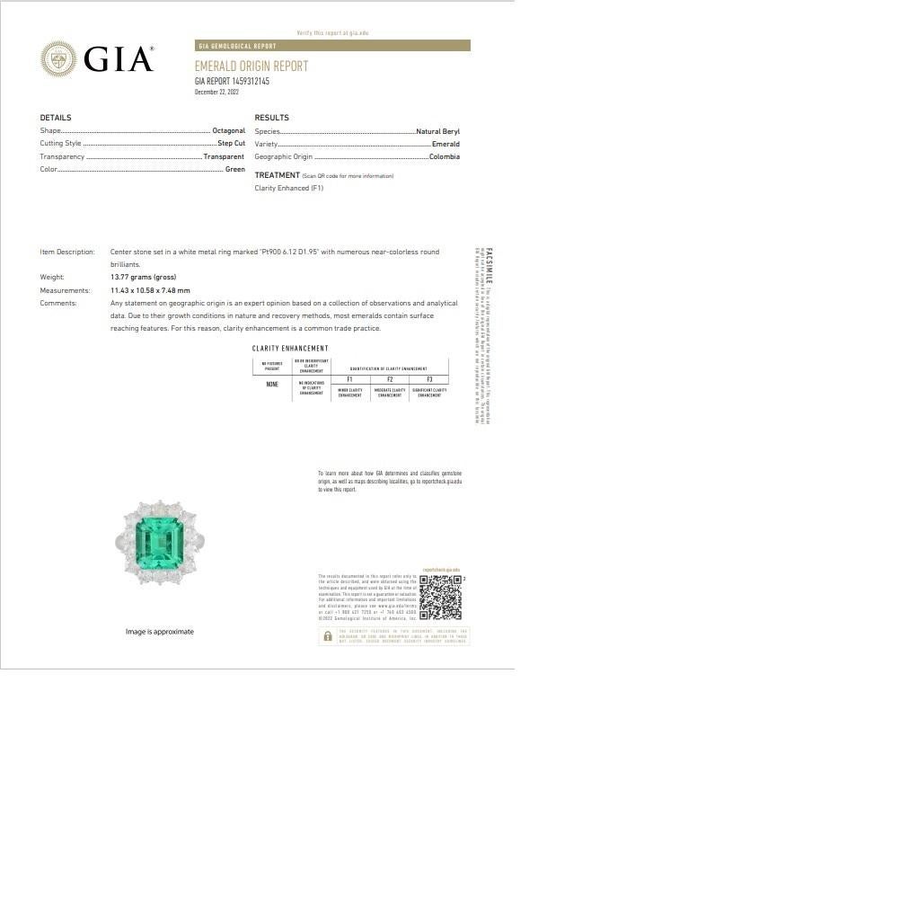 Superb 6.12 Carat Colombian Emerald Diamond Platinum Ring, GIA Certified 10