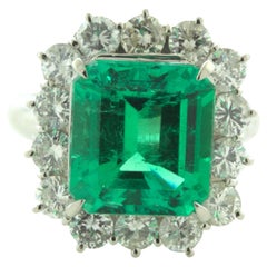 Superb 6.12 Carat Colombian Emerald Diamond Platinum Ring, GIA Certified