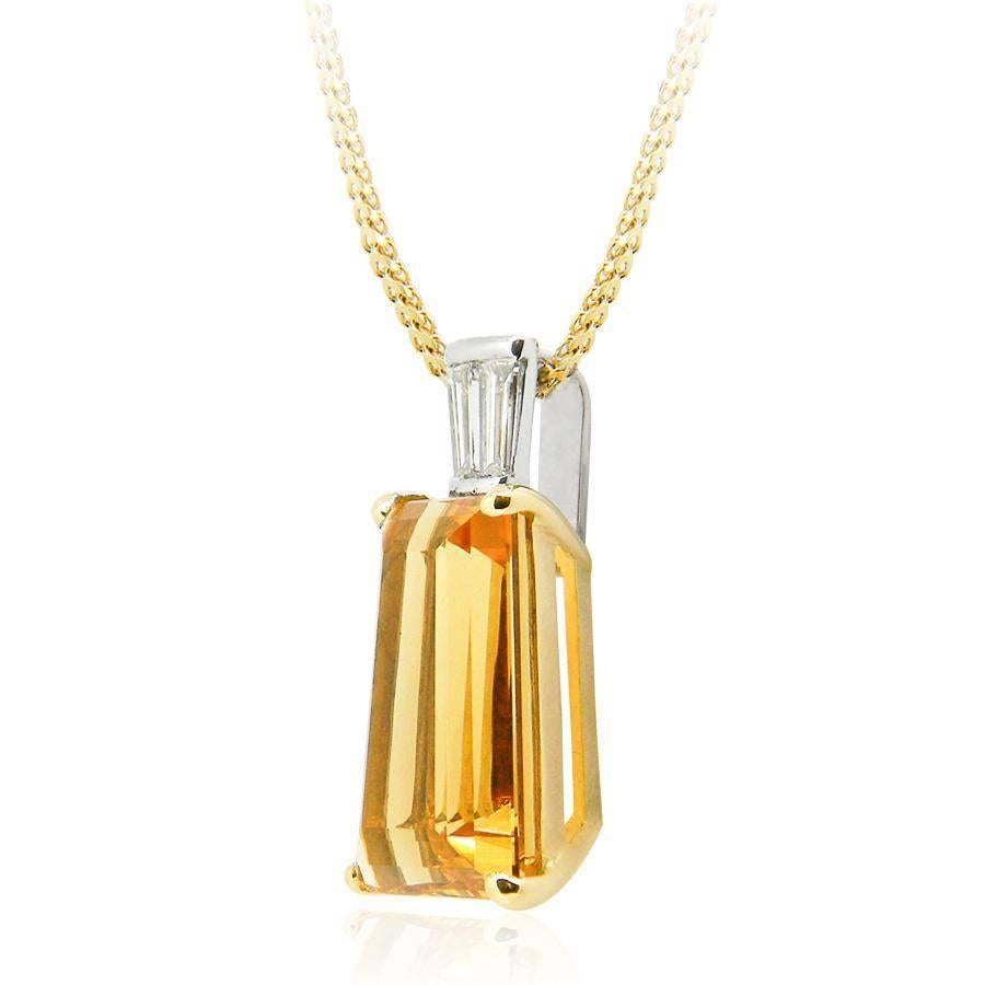 Designed and handmade by Imp Jewellery is our incredible Golden Beryl and Diamond pendant, featuring a superb 9.59ct, tapered-baguette cut beryl.

The eye-catching gemstone is complimented by two channel set tapered-baguette diamonds 2=0.42cts F/G