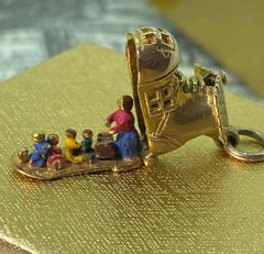Superb 9K Yellow Gold Enamel Vintage English "Shoe House & Family" Hinged Charm