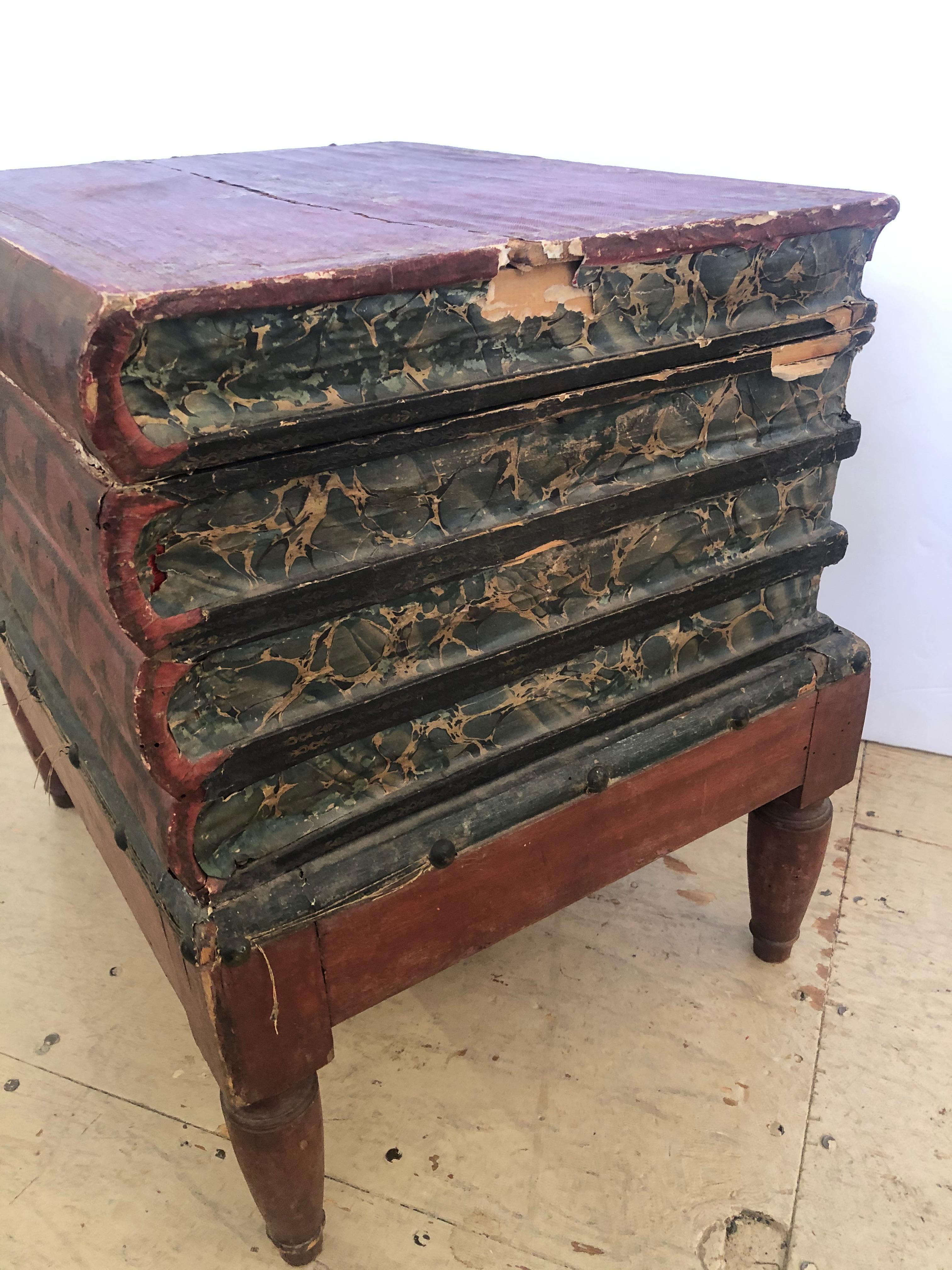 Superb Aged 19th Century Italian Paper Wrapped Trompe l'oeil Book Side Table Box 12
