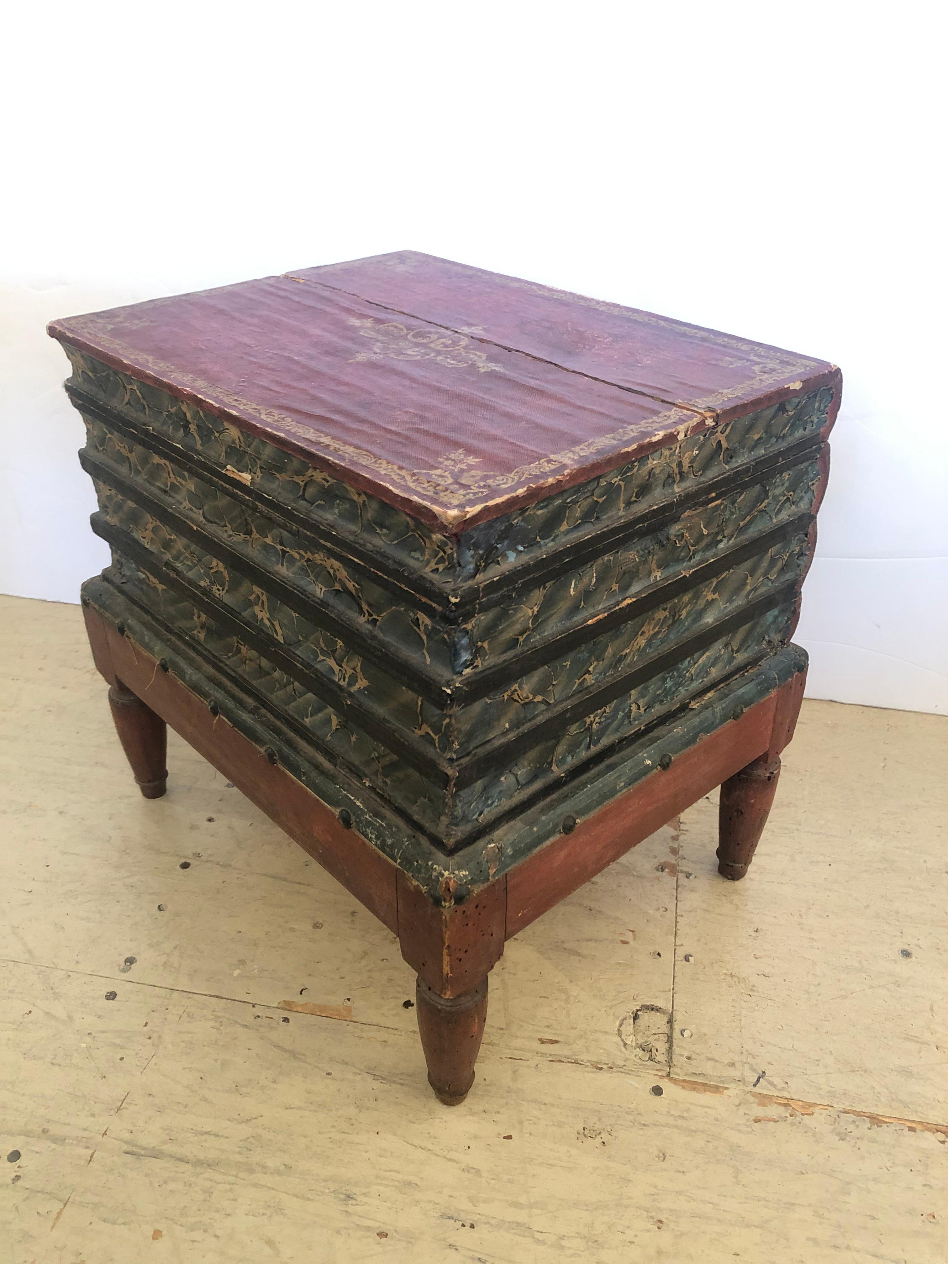 Superb Aged 19th Century Italian Paper Wrapped Trompe l'oeil Book Side Table Box 1