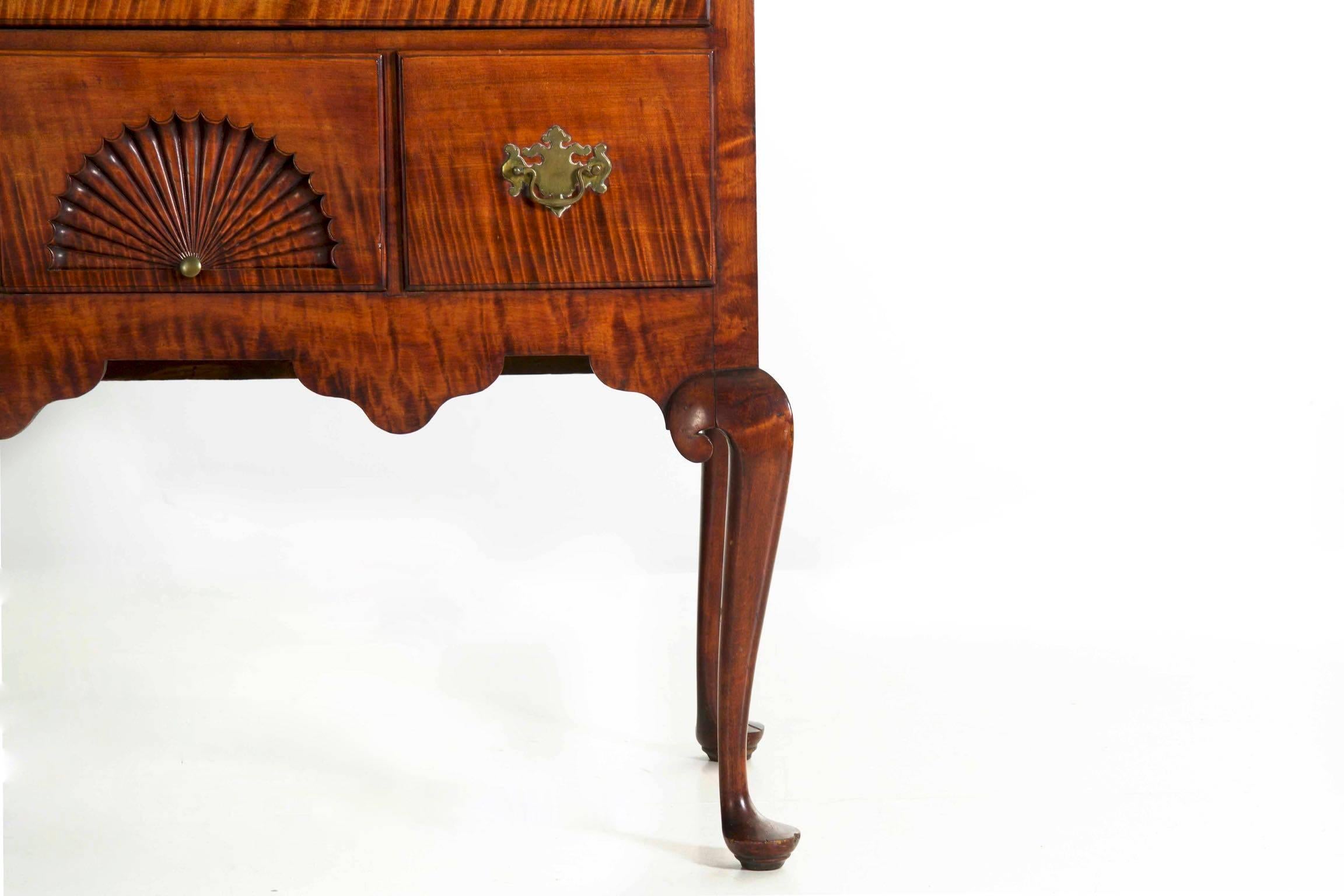 Brass Superb American Queen Anne Curly Maple Highboy Chest of Drawers, circa 1760-1780