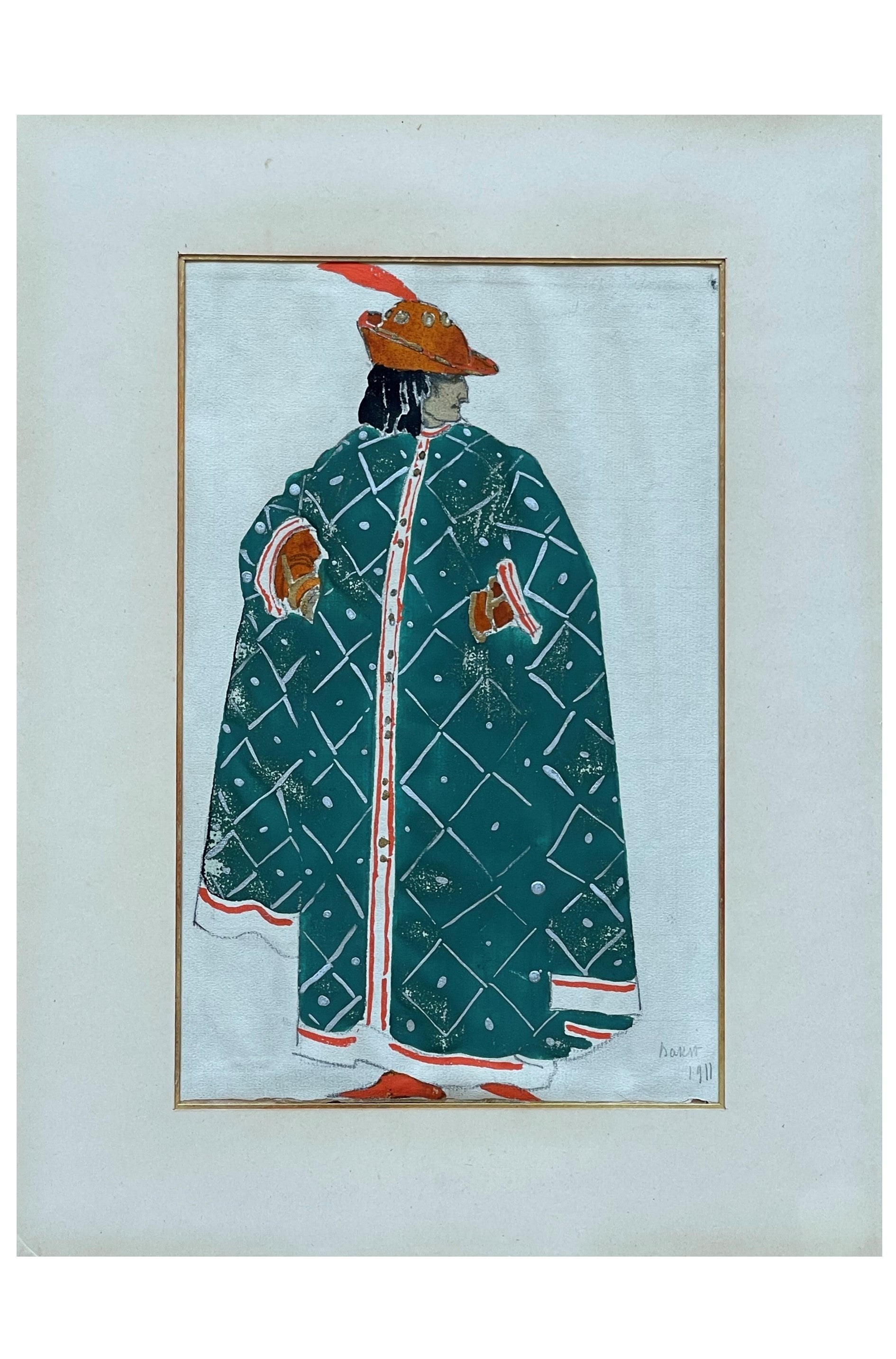  Beautiful study of a ballet costume by Léon Bakst (1866-1924) for an archer, signed and dated from 1911. 

This painting was created by Léon Bakst, painter, illustrator and costume designer for the  Russian Ballets from 1909 to 1921. He designed