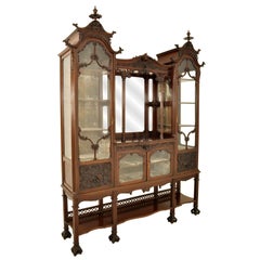 Antique 19th Century Chinese Chippendale Carved Mahogany Display Cabinet Hutch