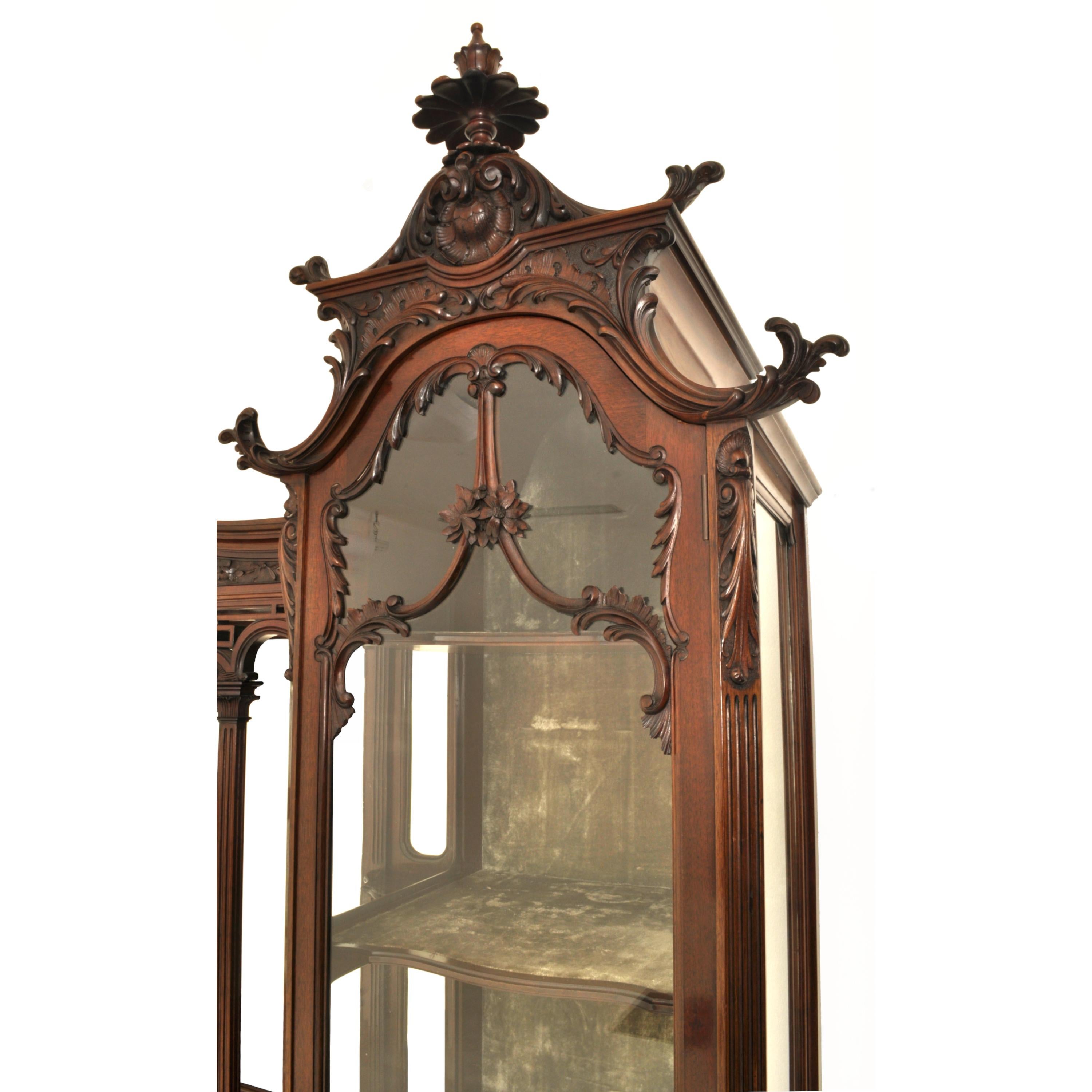  Antique 19th Century Chinese Chippendale Carved Mahogany Display Cabinet Hutch In Good Condition In Portland, OR