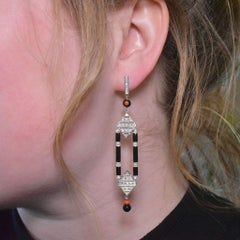 Superb Antique Art Deco Platinum And Diamond, Coral And Onyx Earrings Circa 1920