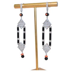 Superb Antique Art Deco Platinum And Diamond, Coral And Onyx Earrings Circa 1920