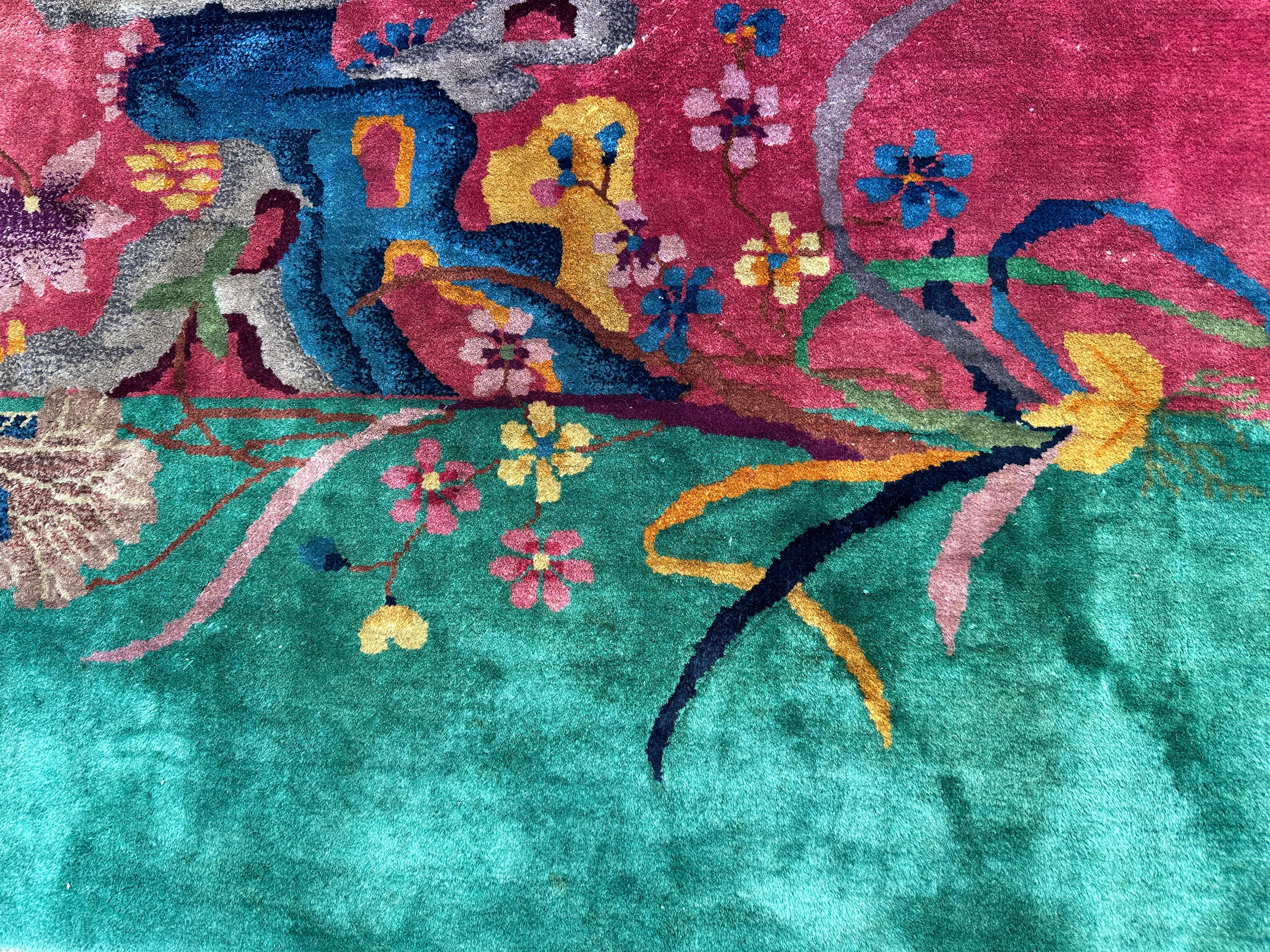 HALF OFF!

This is a SUPERB antique Chinese Art Deco Rug circa 1930s.  In pristine condition, the rug has full pile and is made from Manchester Wool.  No repairs or reweaving.  There is nothing missing from this beautiful rug.  Sturdy & strong, it