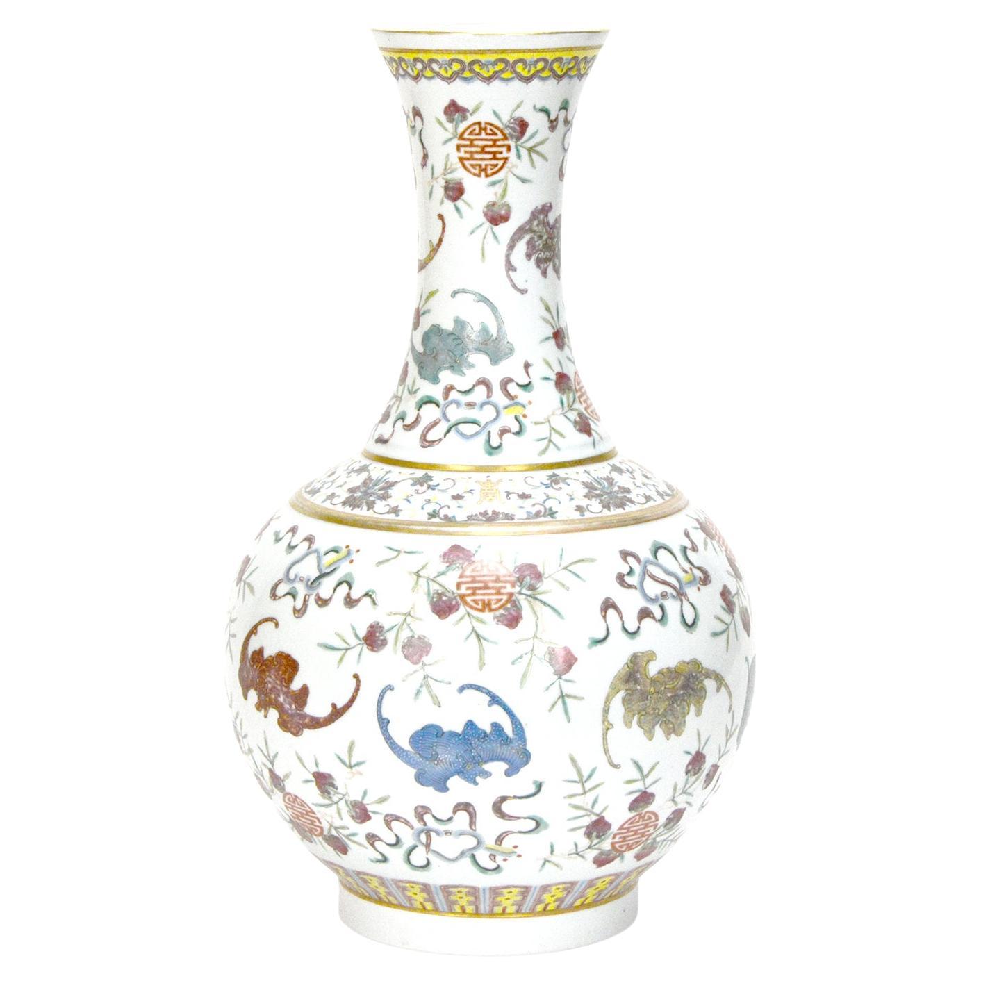 Superbo vaso antico cinese Qing Guangxu in porcellana globulare con pipistrello e fiori di pesco