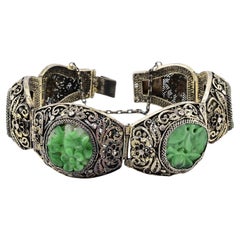 Superb Vintage Chinese Silver Jade Bracelet Gorgeous Details