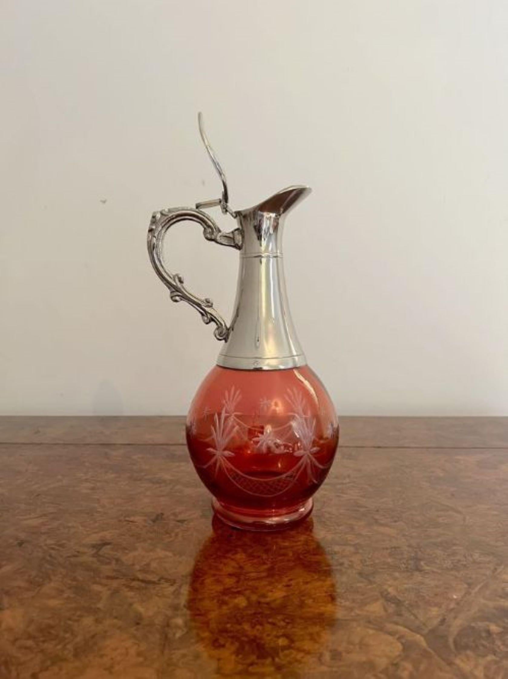 Superb antique Edwardian cranberry glass wine decanter In Good Condition For Sale In Ipswich, GB