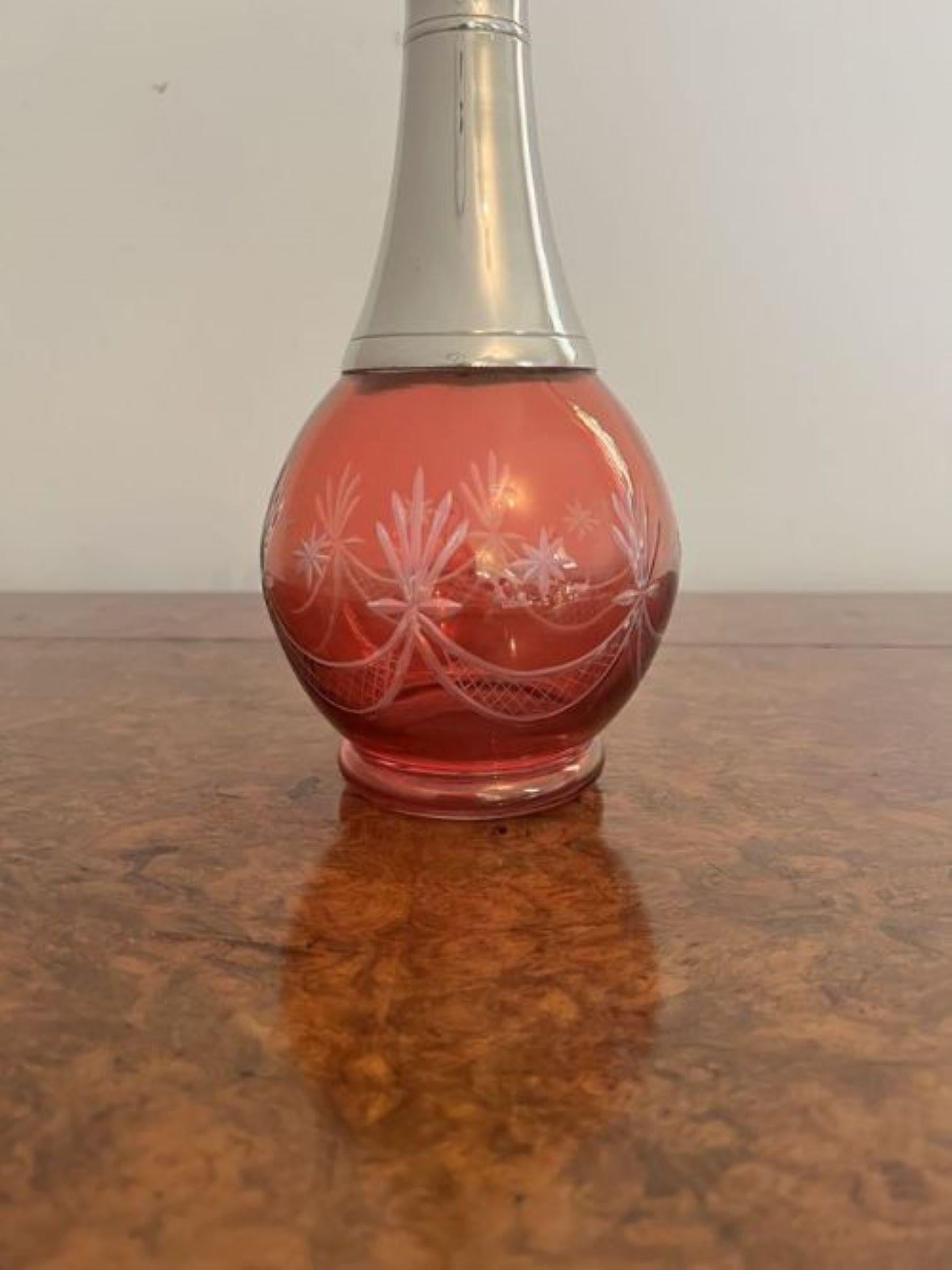 Glass Superb antique Edwardian cranberry glass wine decanter For Sale